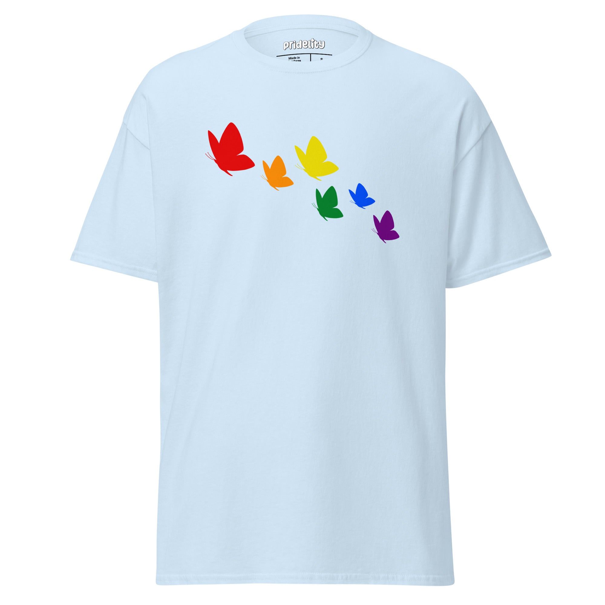 The Rainbow Butterflies T-Shirt from Pridelity features a vibrant design on a black tee, displaying six butterflies arranged in a diagonal pattern, each showcasing one of the rainbow colors—red, orange, yellow, green, blue, and purple.