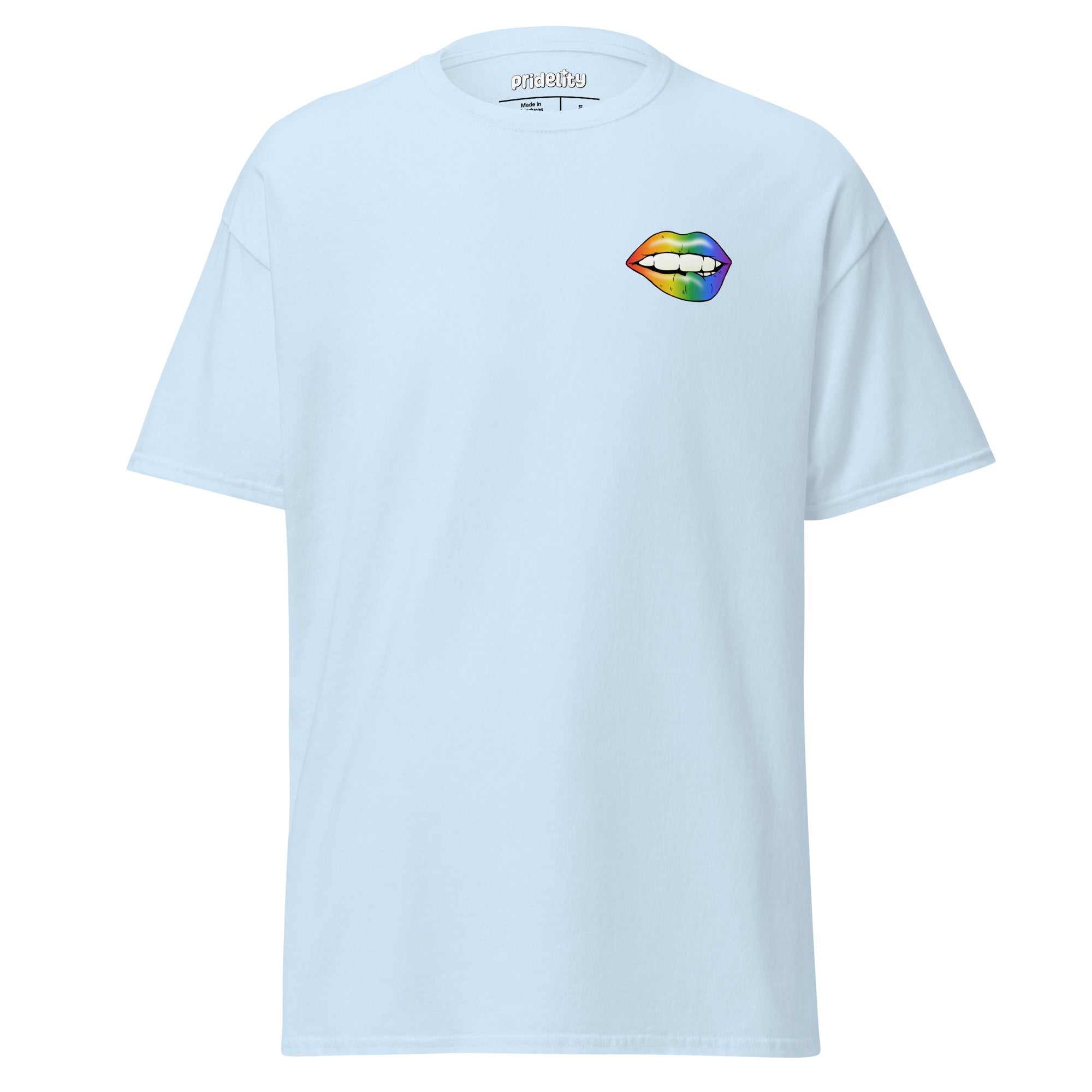 Introducing the Flirty Lips T-Shirt by Pridelity, featuring a vibrant rainbow gradient lips graphic elegantly placed on the upper left of a classic white shirt.