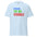 A light blue "Proud To Be Visible" T-shirt by Pridelity, featuring bold and colorful text in blue, green, and red, is showcased against a plain white background.