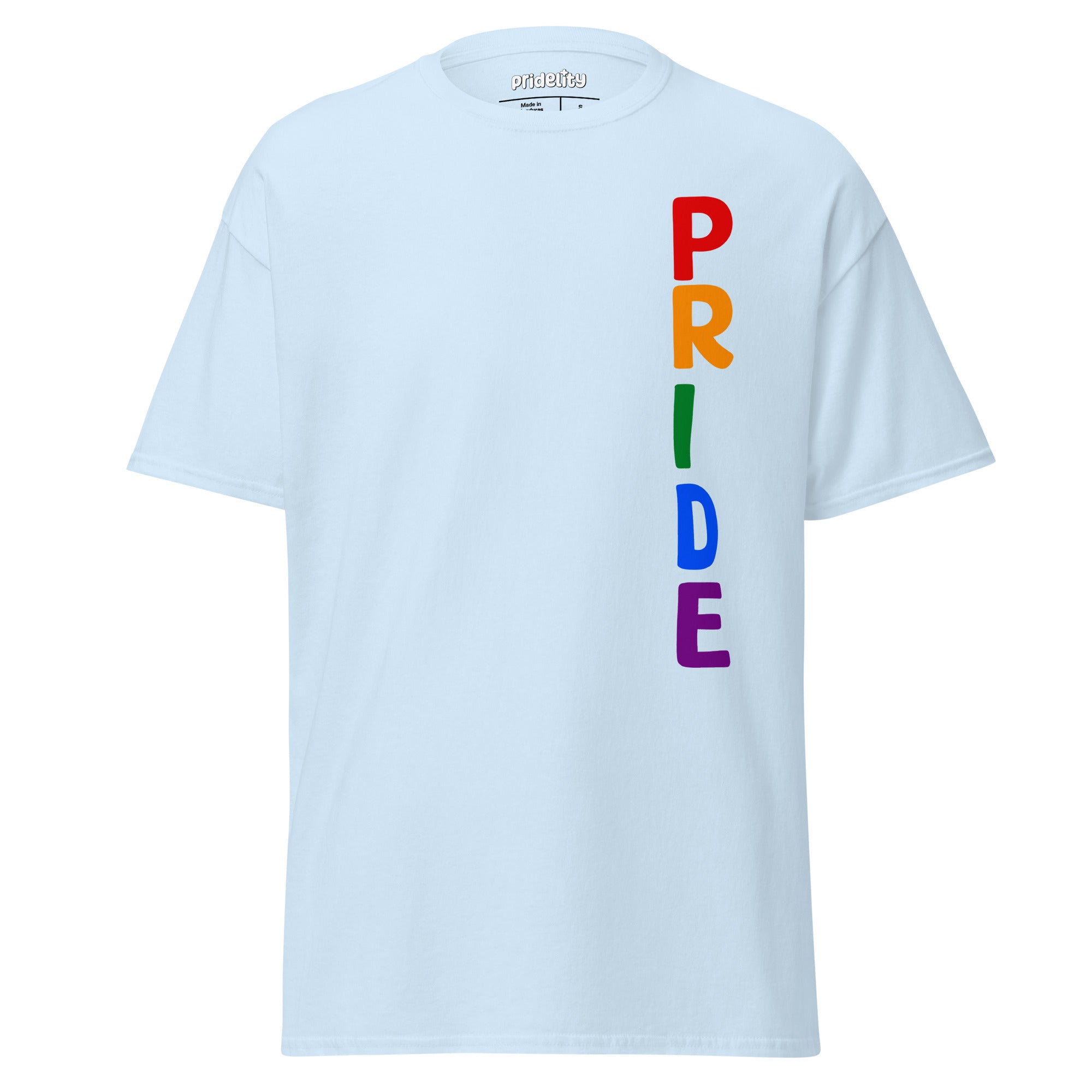 The Pride Vertical T-Shirt by Pridelity is available in light blue and prominently displays the word 