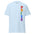 The Pride Vertical T-Shirt by Pridelity is available in light blue and prominently displays the word "PRIDE" vertically on the right side, featuring an array of vibrant rainbow colors: red, orange, yellow, green, blue, and purple.