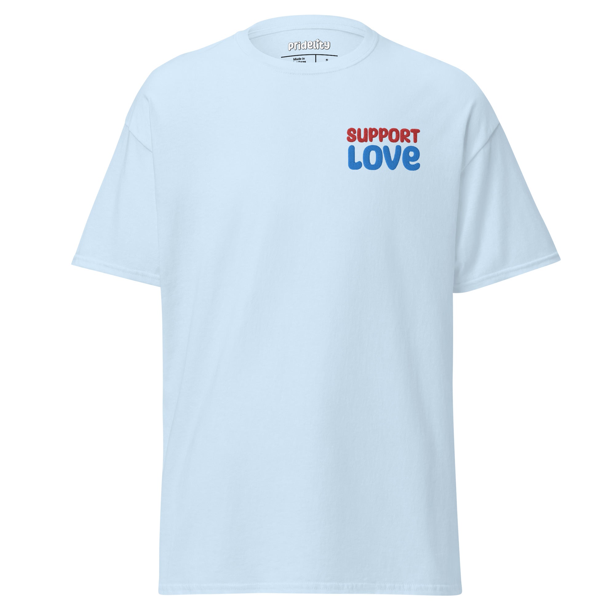 Light blue Support Love T-Shirt by Pridelity showcasing 