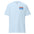 Light blue Support Love T-Shirt by Pridelity showcasing "SUPPORT LOVE" prominently printed on the front in striking red and blue font.