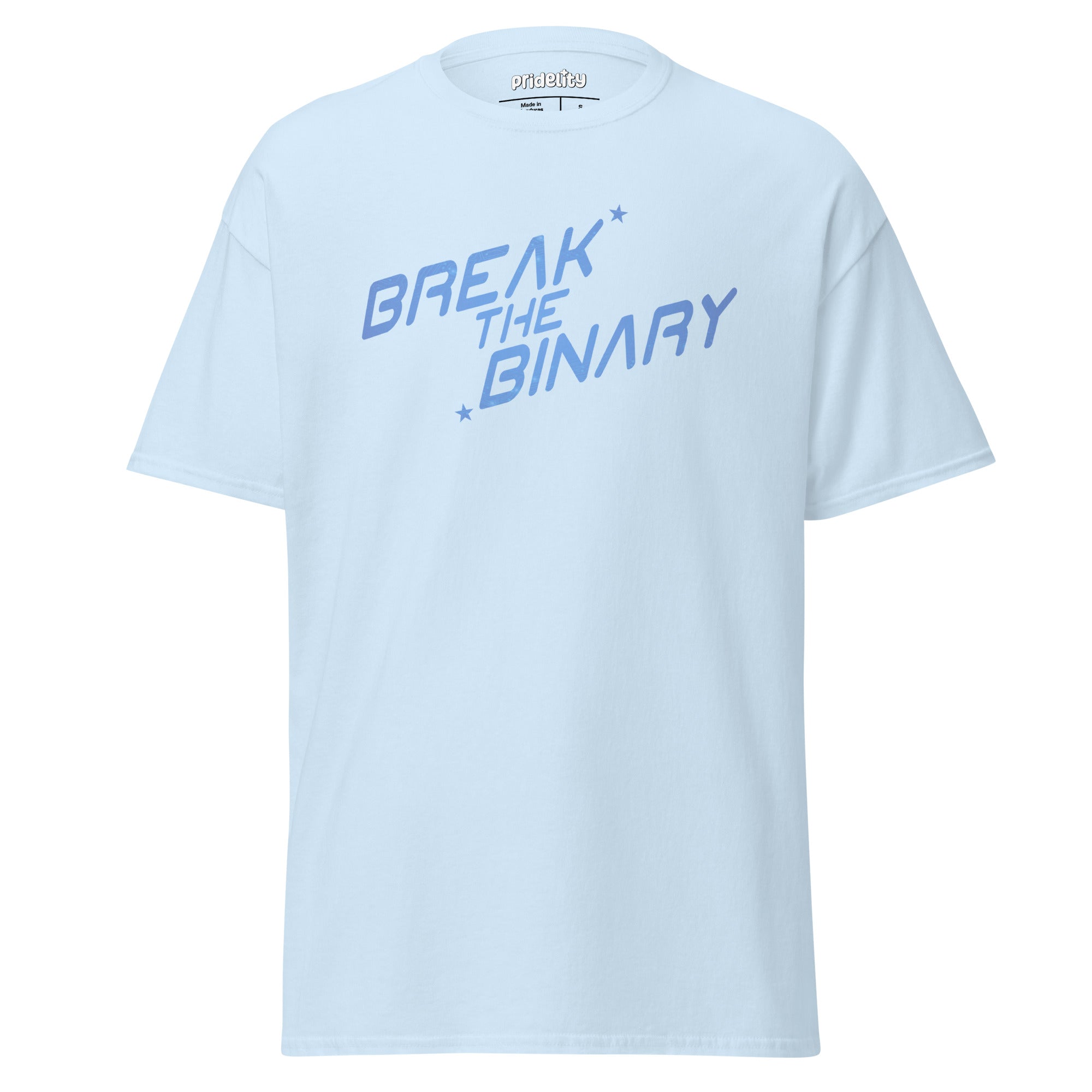 The Break The Binary T-Shirt by Pridelity, part of our Pride Collection, showcases the phrase 