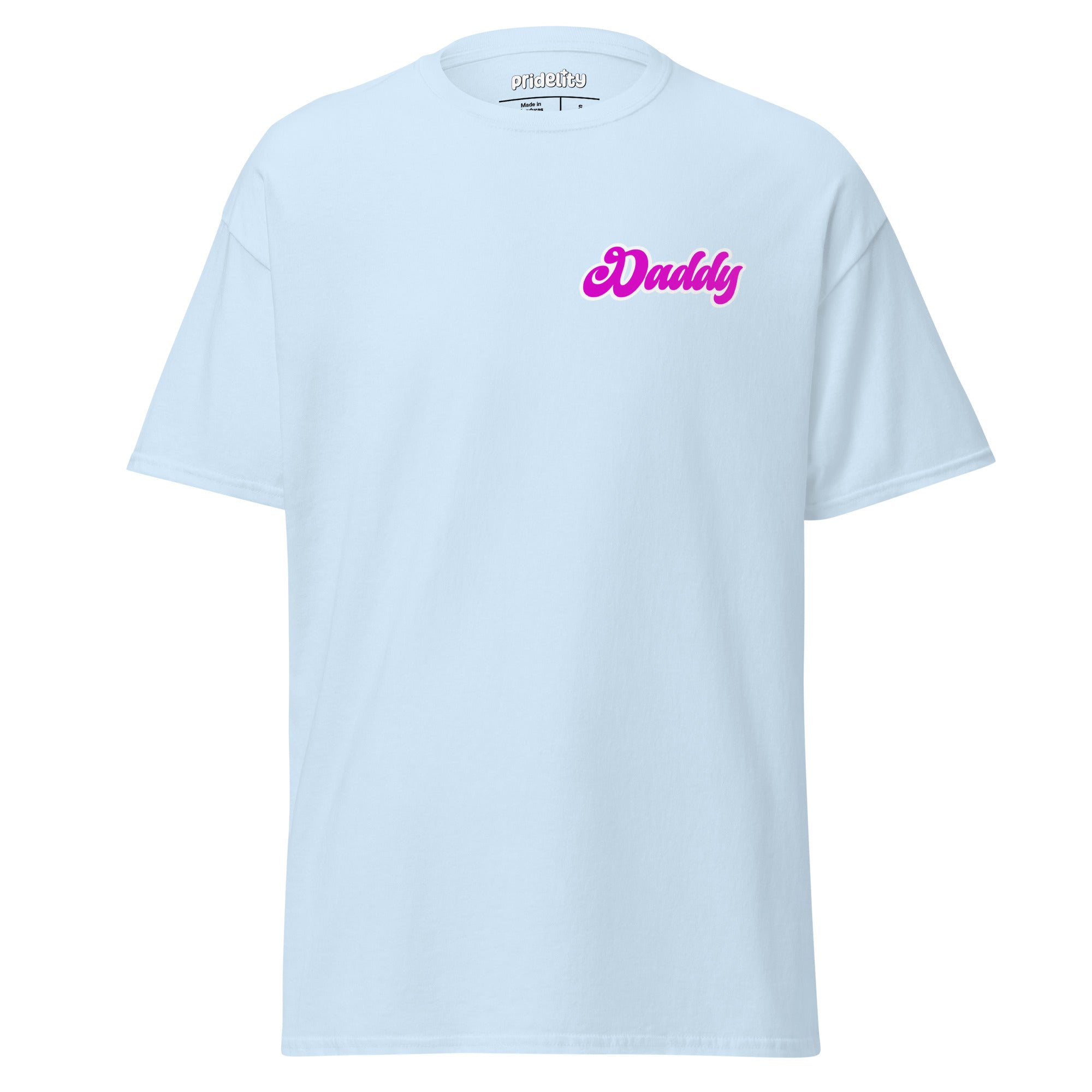 The Daddy T-Shirt from Pridelity's Pride Merch line is a purple t-shirt that features the word 