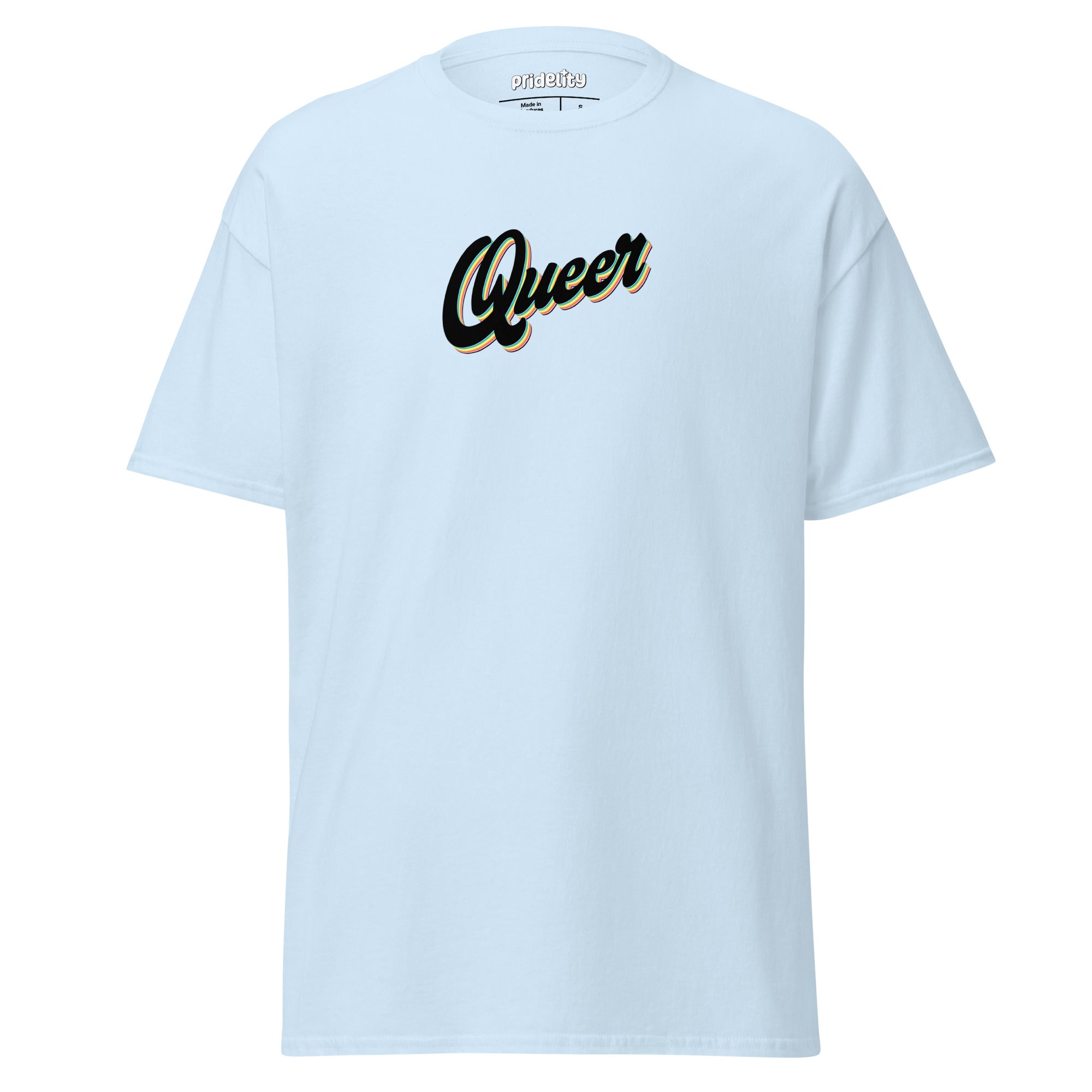 Introducing the Queer T-Shirt by Pridelity, a white pride top that prominently displays the word 