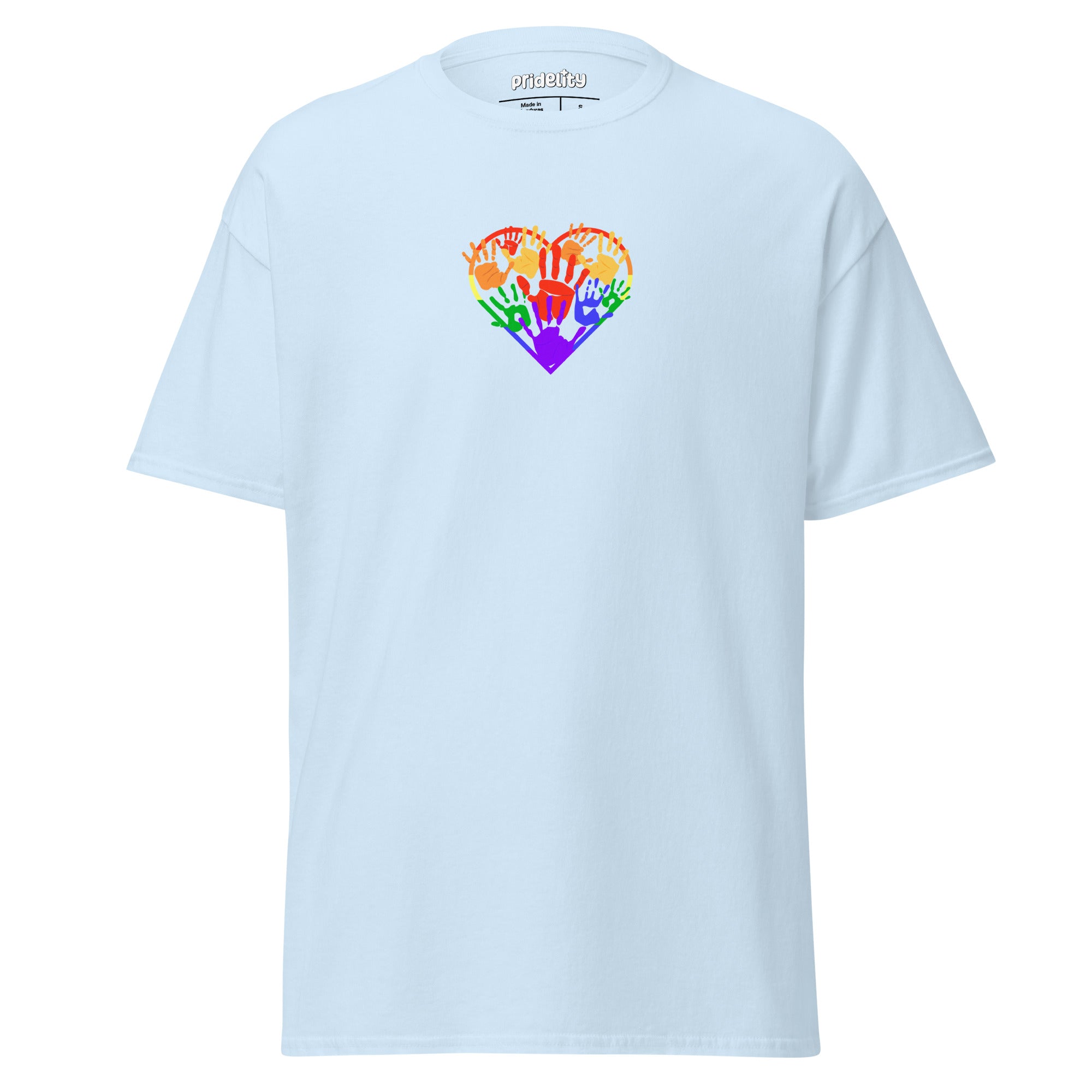 Introducing the Heartfelt Pride T-Shirt by Pridelity, a purple tee from our pride merch collection. It showcases a heart-shaped design of hands in diverse skin tones raised together in solidarity and rainbow colors, with 