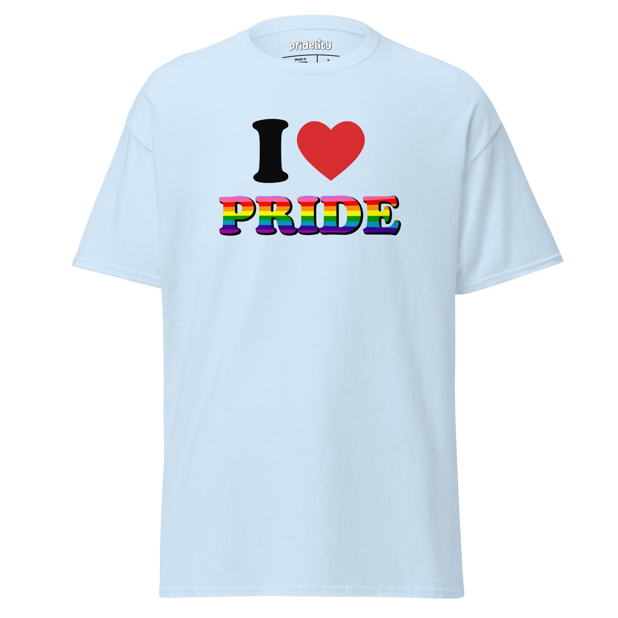 Introducing the I Love Pride T-Shirt from Pridelity: This white T-shirt showcases 