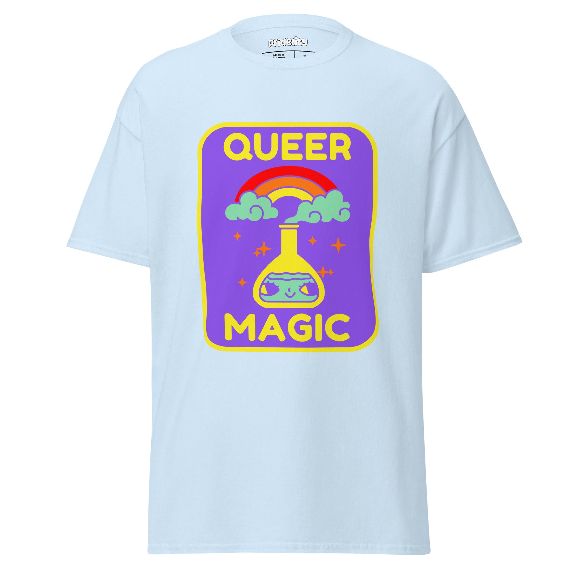 Celebrate diversity with the Queer Magic T-Shirt from Pridelity. This purple tee features a lively design of a potion flask, encircled by clouds, a rainbow, and stars, accompanied by the inspiring phrase 