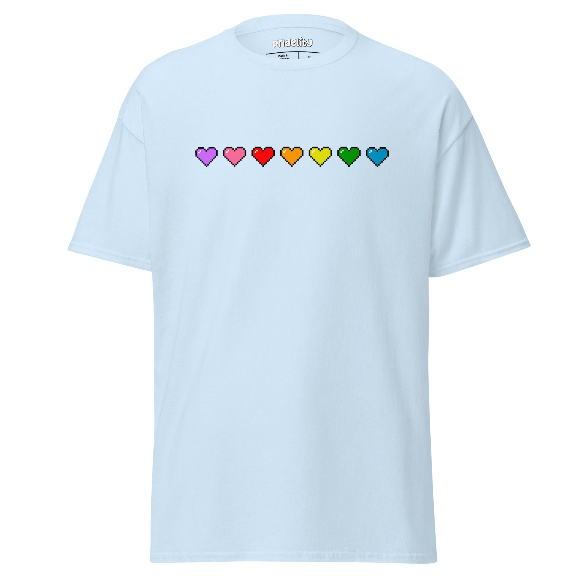 The Pixel Hearts T-Shirt by Pridelity features a pink pride design with seven small hearts in a vibrant horizontal row across the chest, each heart displaying a unique color: purple, red, orange, yellow, green, blue, and black.