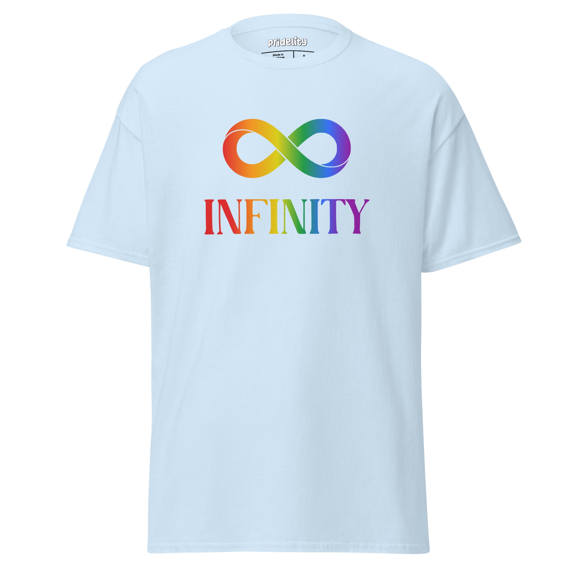 A Pridelity Infinity T-Shirt featuring a white design with a rainbow infinity symbol above the word 