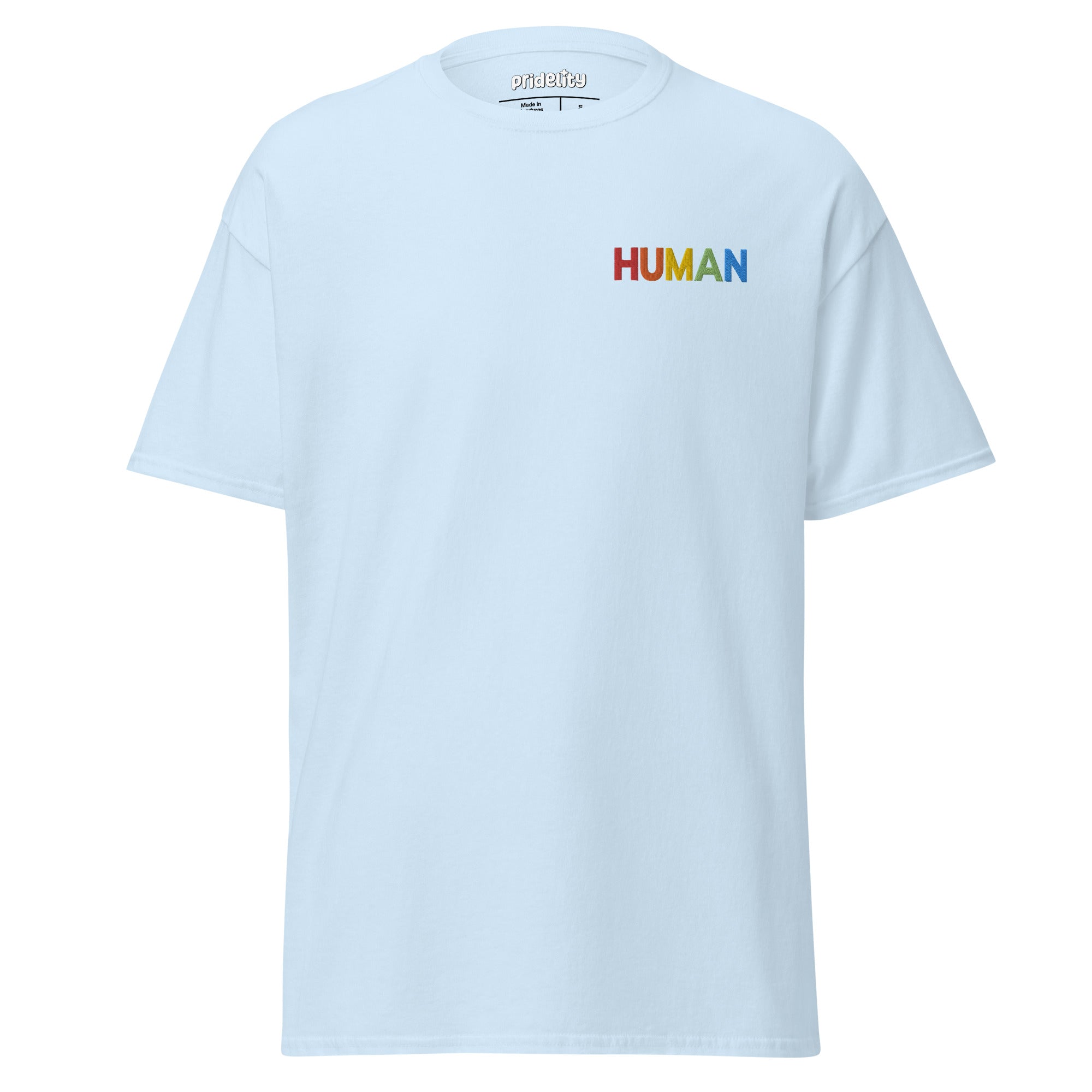 A natural-colored Pridelity Human T-Shirt, adorned with the word 