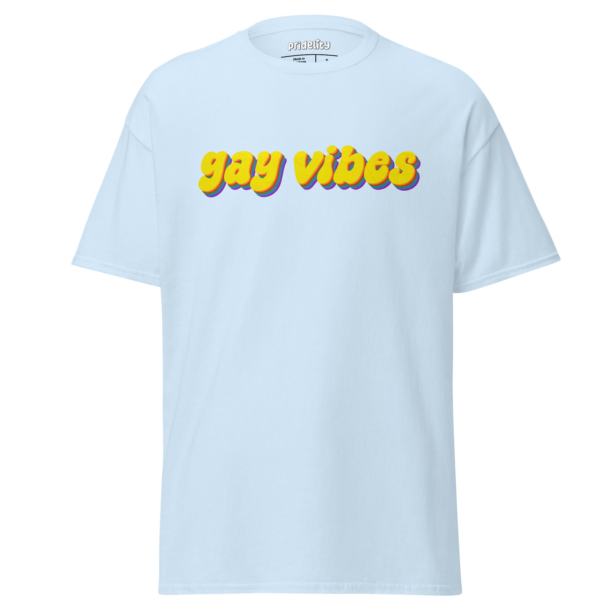 A gold Gay Vibes T-Shirt, crafted by Pridelity, features the bold and colorful 