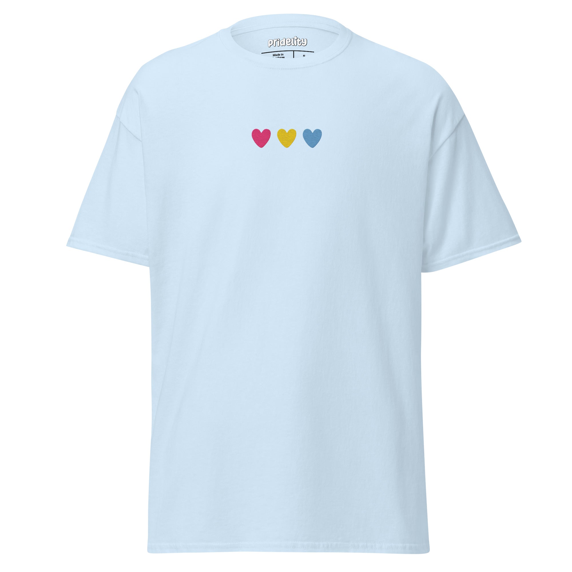 The Pan Love T-Shirt by Pridelity is a black shirt featuring three small hearts on the chest, displaying radiant pink, yellow, and blue colors.