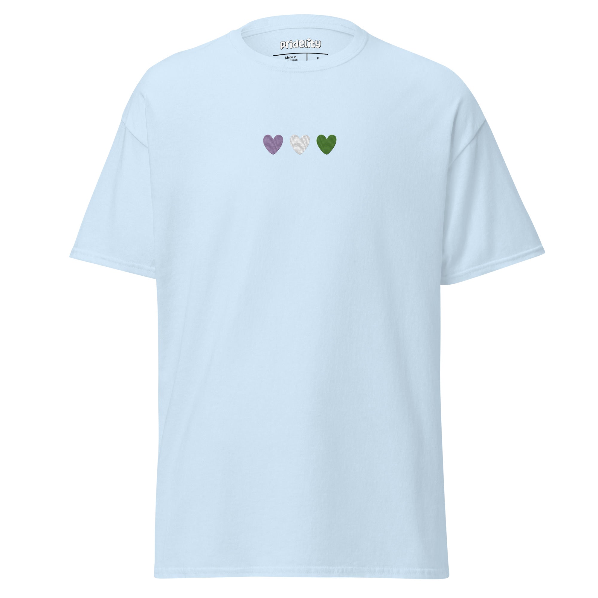 A black Genderqueer Love T-Shirt from Pridelity, featuring three small hearts across the chest in lavender, white, and green.