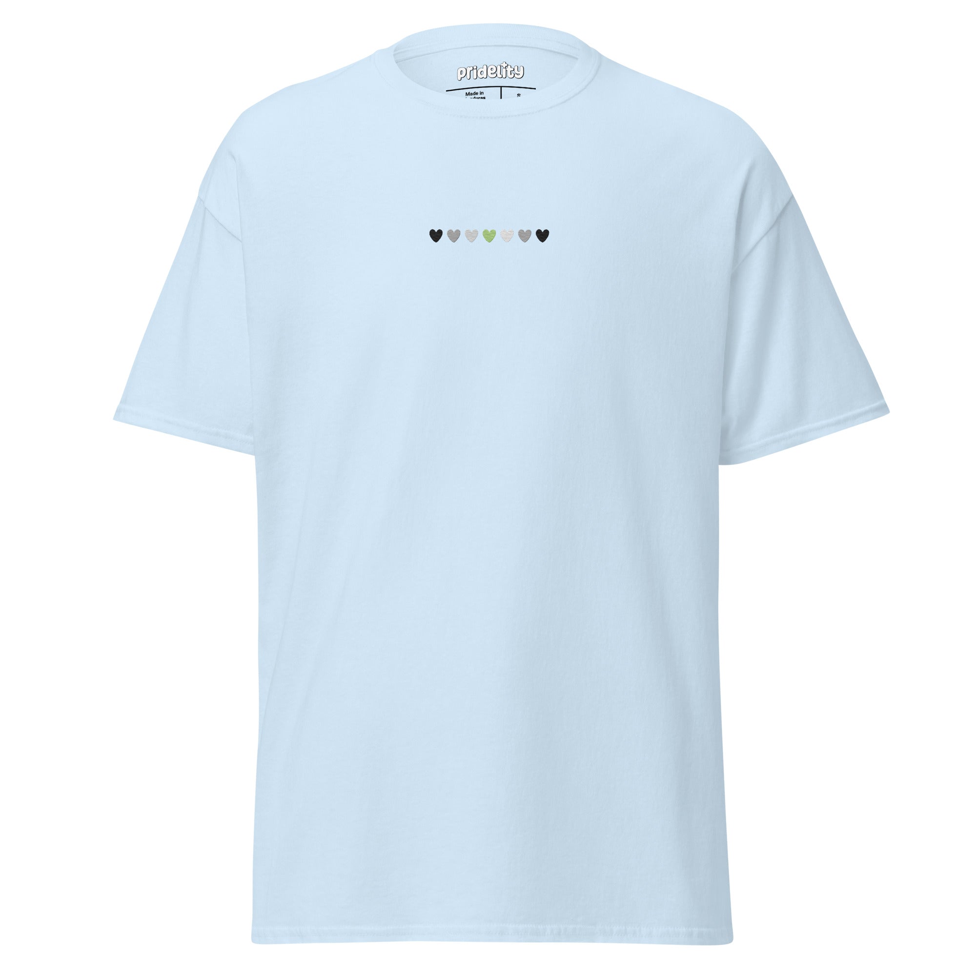 The Agender Love T-Shirt, by Pridelity, showcases a blue design with a small row of multicolored heart-shaped motifs across the chest, embodying the spirit of Pride. The brand name 