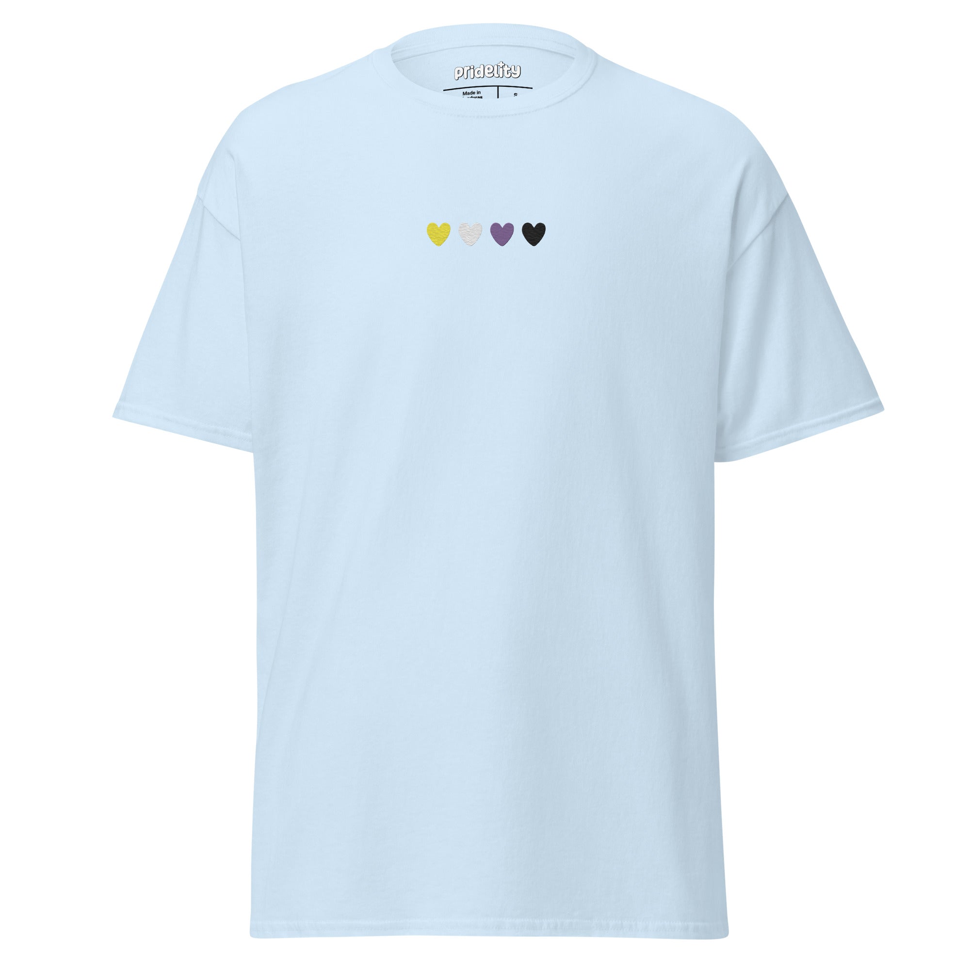 Introducing the Nonbinary Love T-Shirt by Pridelity, a stylish Azalea shirt adorned with a small row of four hearts on the chest. The hearts come in yellow, light pink, dark pink, and black hues to symbolize inclusivity.