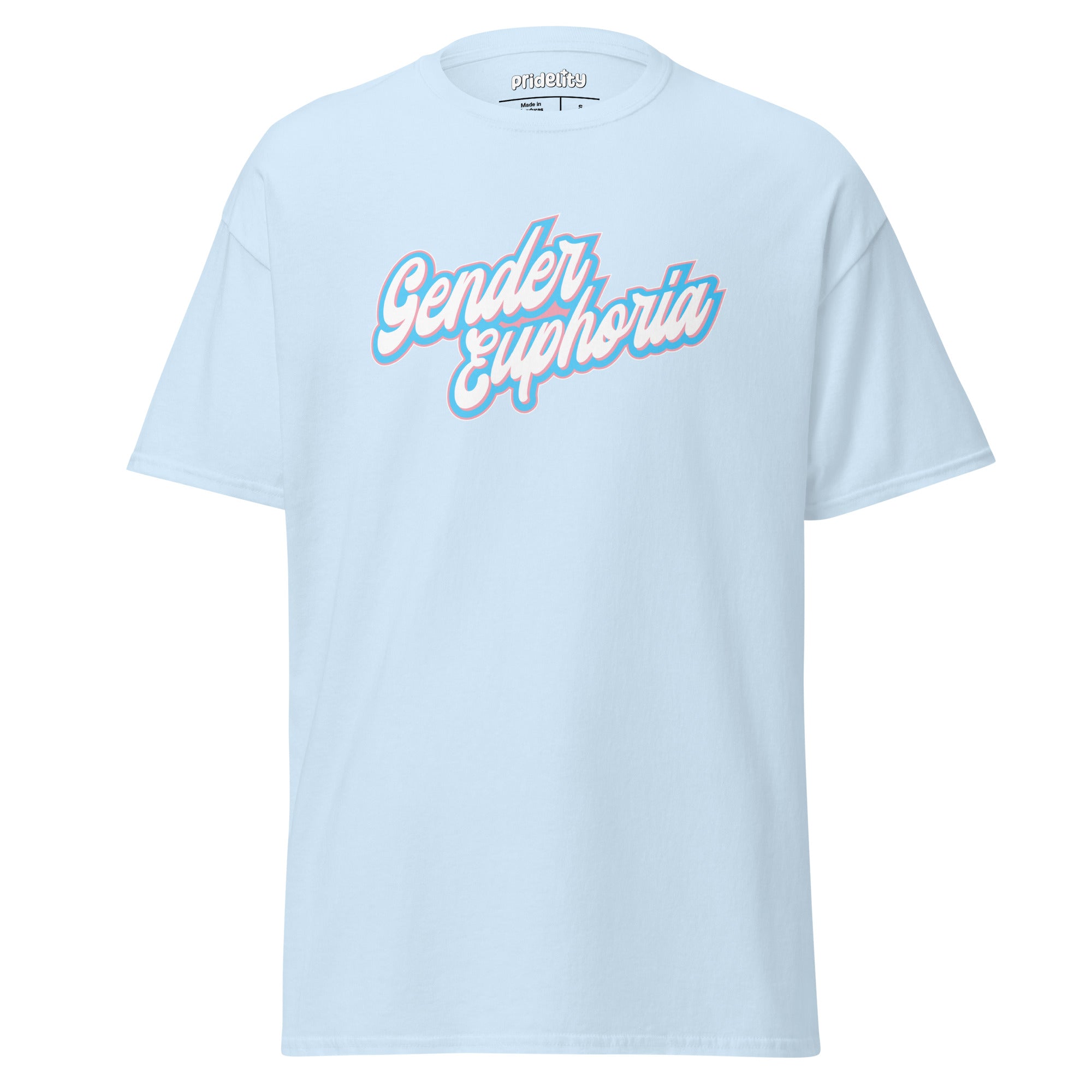 Light blue Pridelity T-shirt from our exclusive pride collection, featuring 