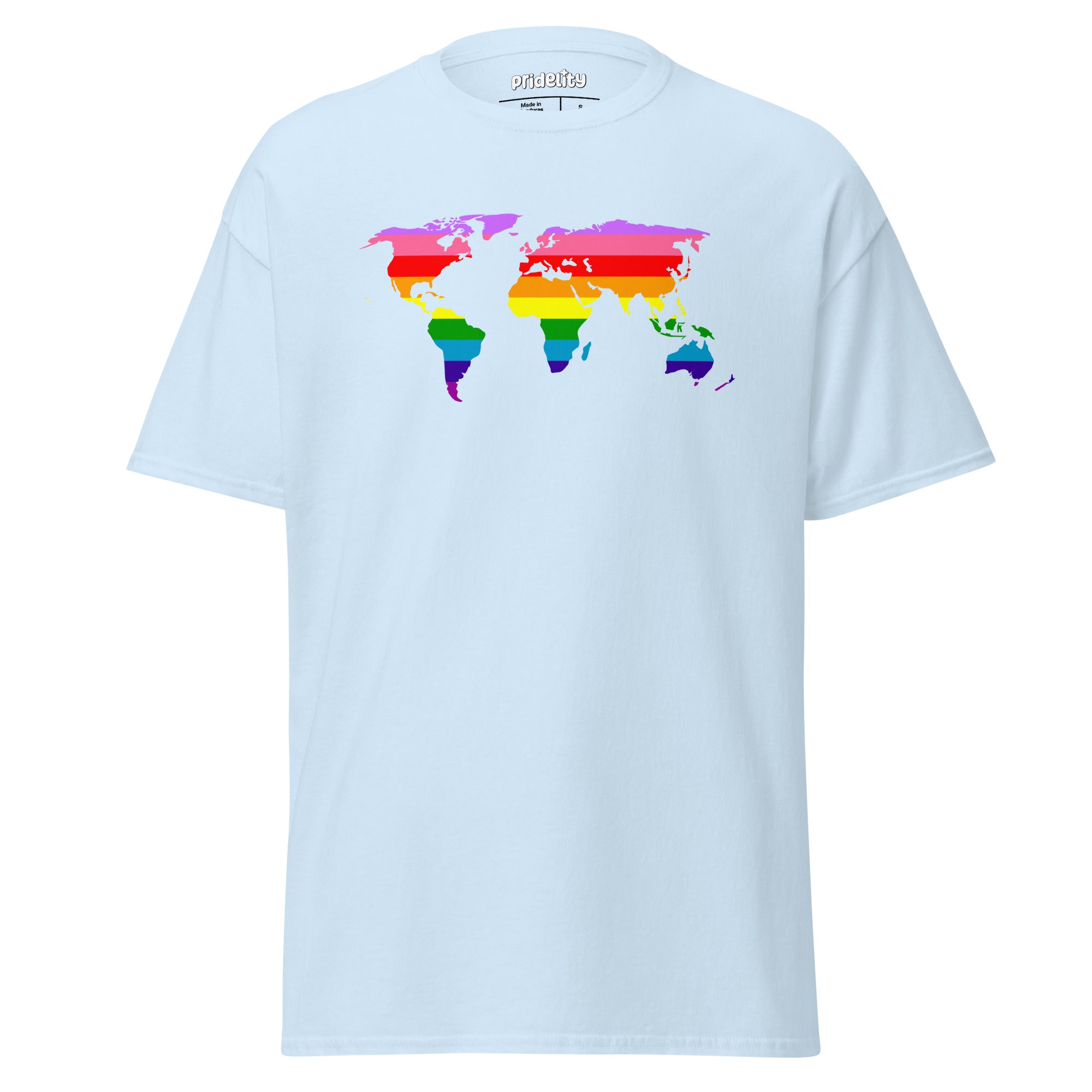 The World Pride T-Shirt by Pridelity features a striking world map design in rainbow colors across the chest, set on a light blue background.