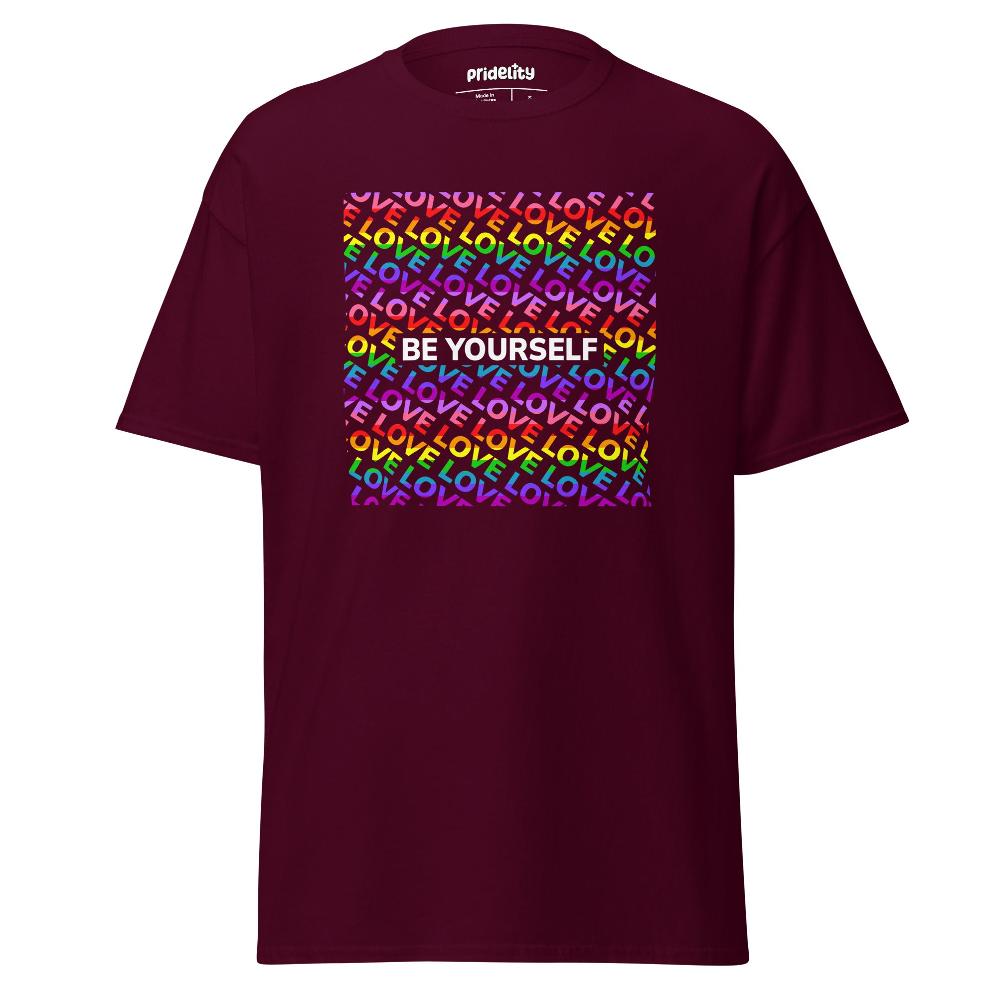 The Be Yourself T-Shirt by Pridelity features a vibrant square design with the word 