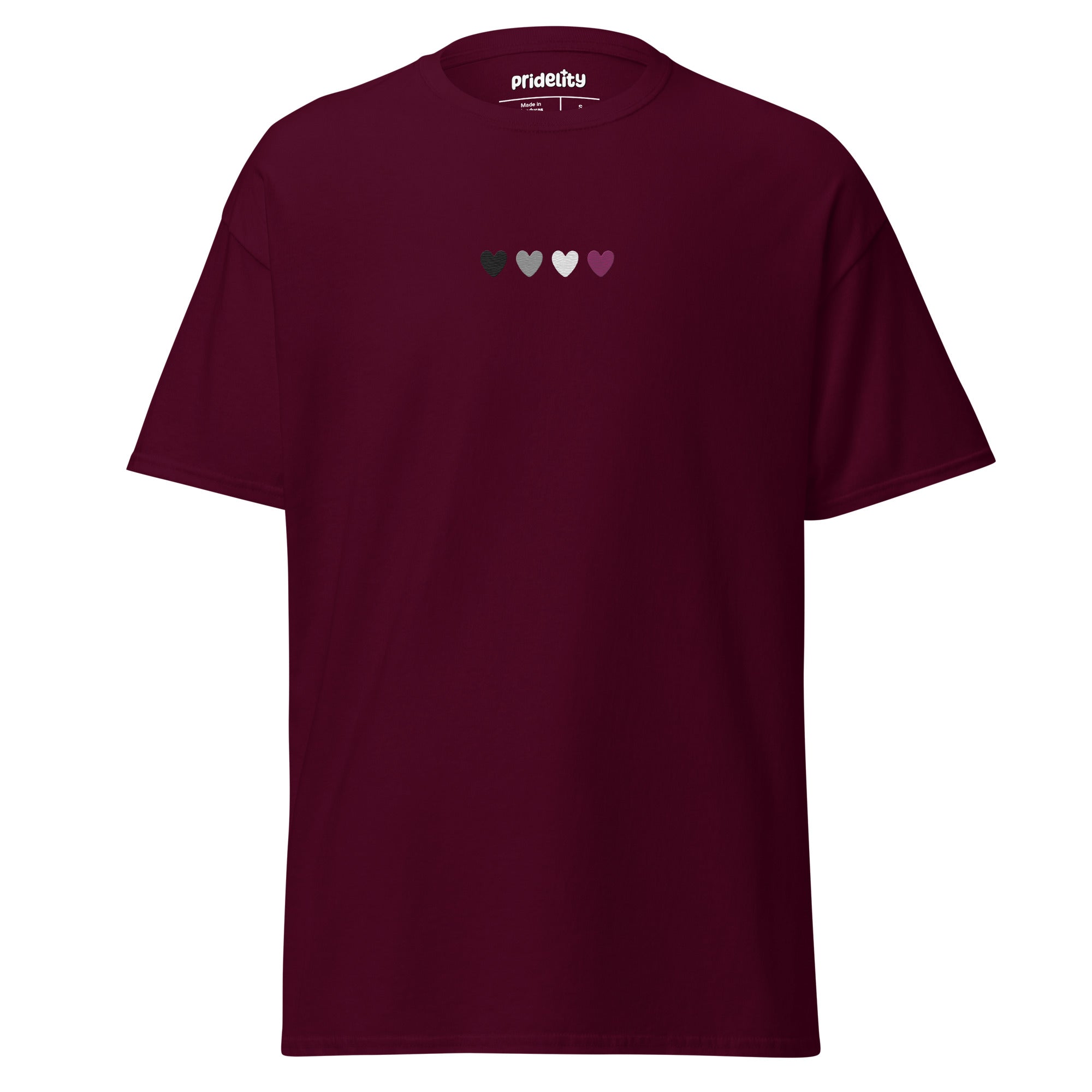 The Asexual Love T-Shirt by Pridelity is a maroon t-shirt adorned with five small hearts across the chest in shades of green, gray, and purple. It is perfect for any Pride Collection, with 