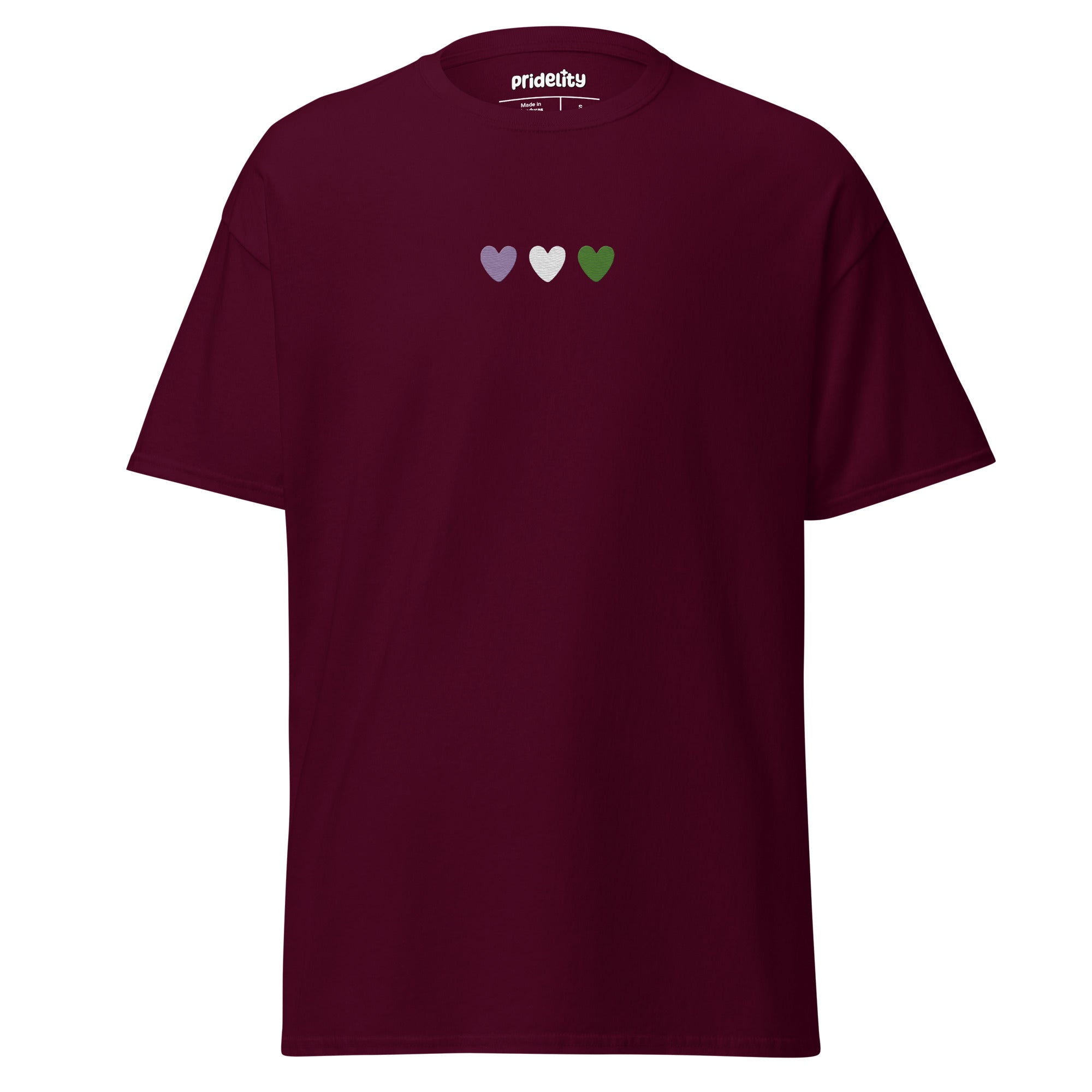 A black Genderqueer Love T-Shirt from Pridelity, featuring three small hearts across the chest in lavender, white, and green.