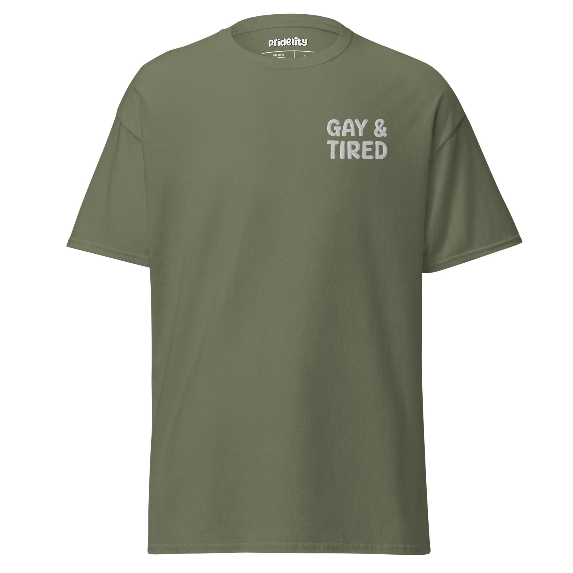 Pridelity's Gay & Tired T-Shirt, available in black, showcases the phrase 