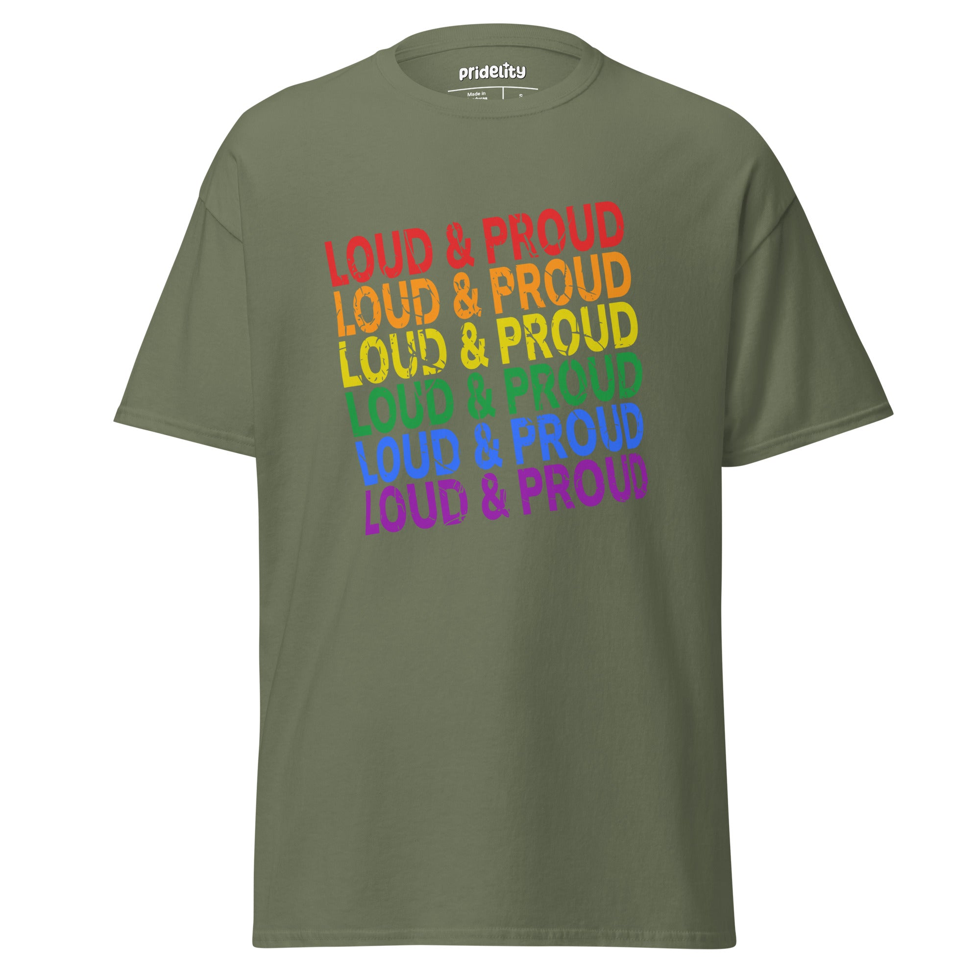 Introducing the Pridelity Loud & Proud T-Shirt: a striking black tee adorned with the 