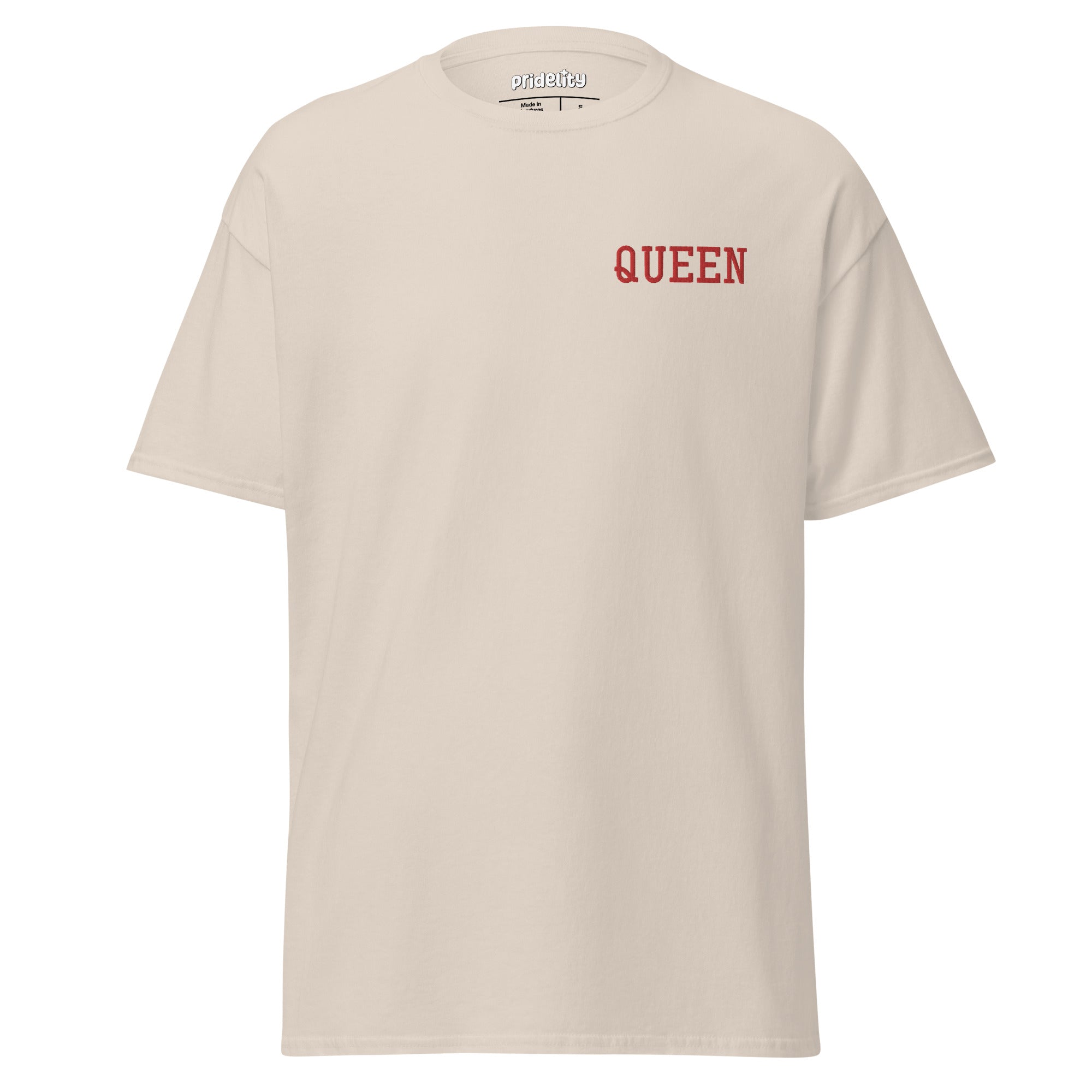 The Pridelity Queen T-Shirt adds a vibrant flair to its simple white design with the word 