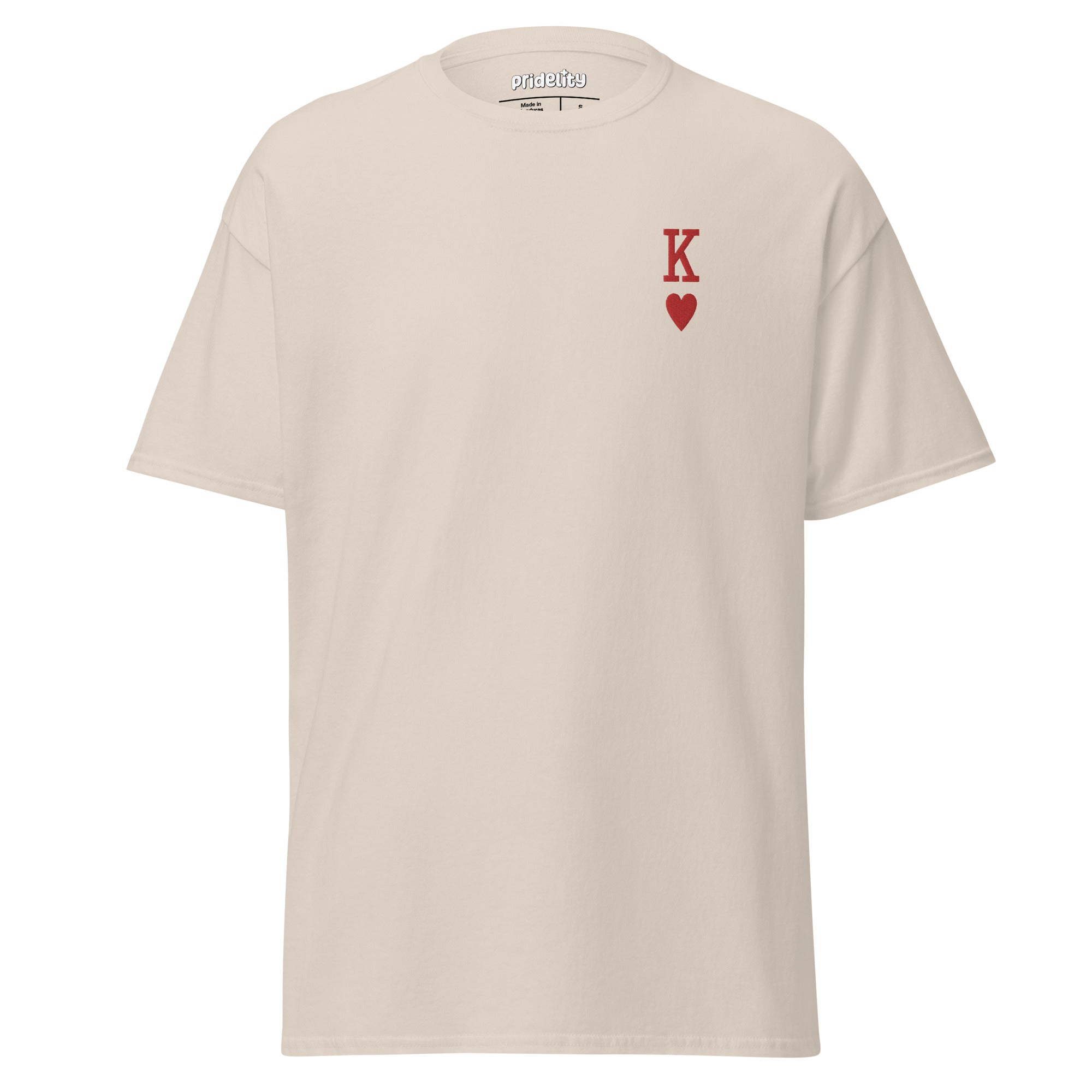 A white King of Hearts T-Shirt by Pridelity, featuring a small red letter 