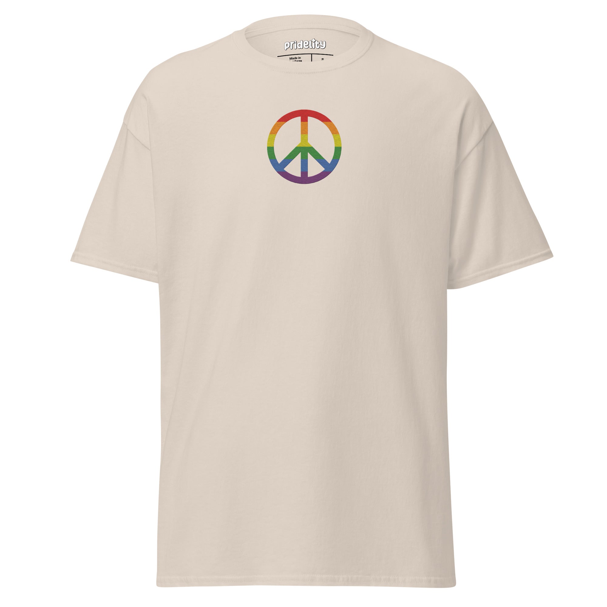 Pridelity's black Peace T-Shirt showcases a rainbow-colored peace symbol prominently in the center.