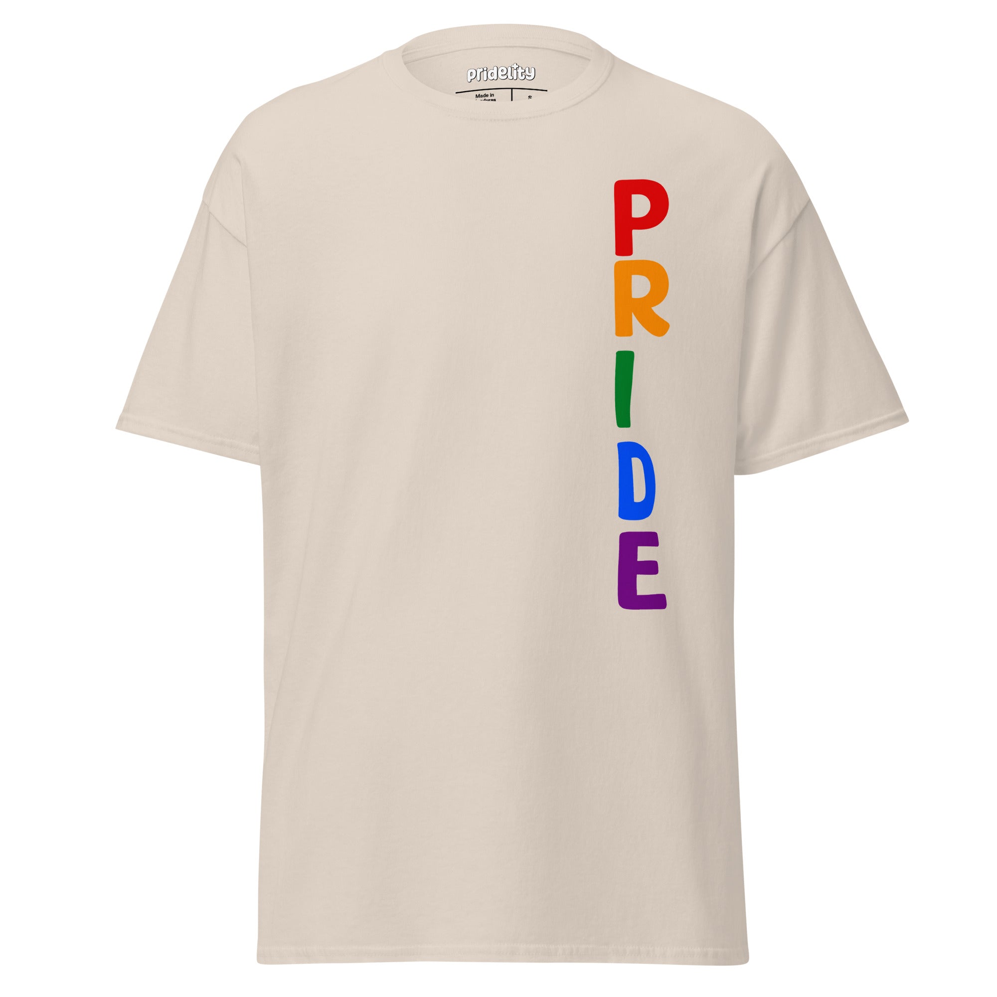 The Pride Vertical T-Shirt by Pridelity is available in light blue and prominently displays the word 