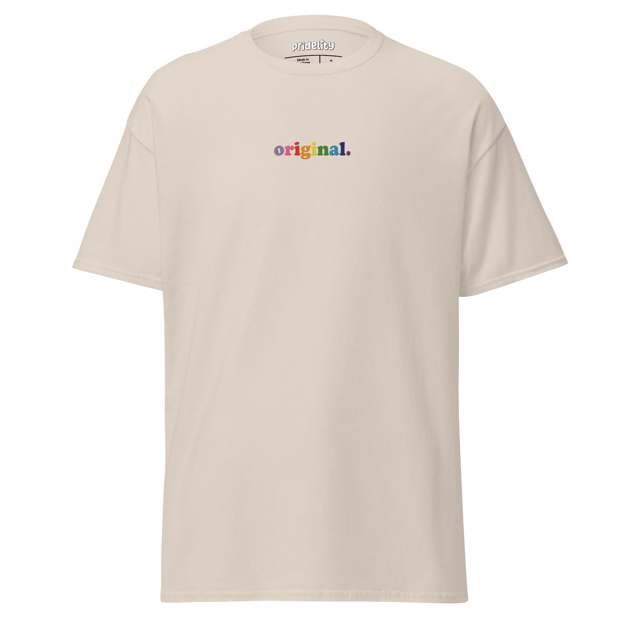 The Original T-Shirt by Pridelity is a plain white pride shirt showcasing the word 