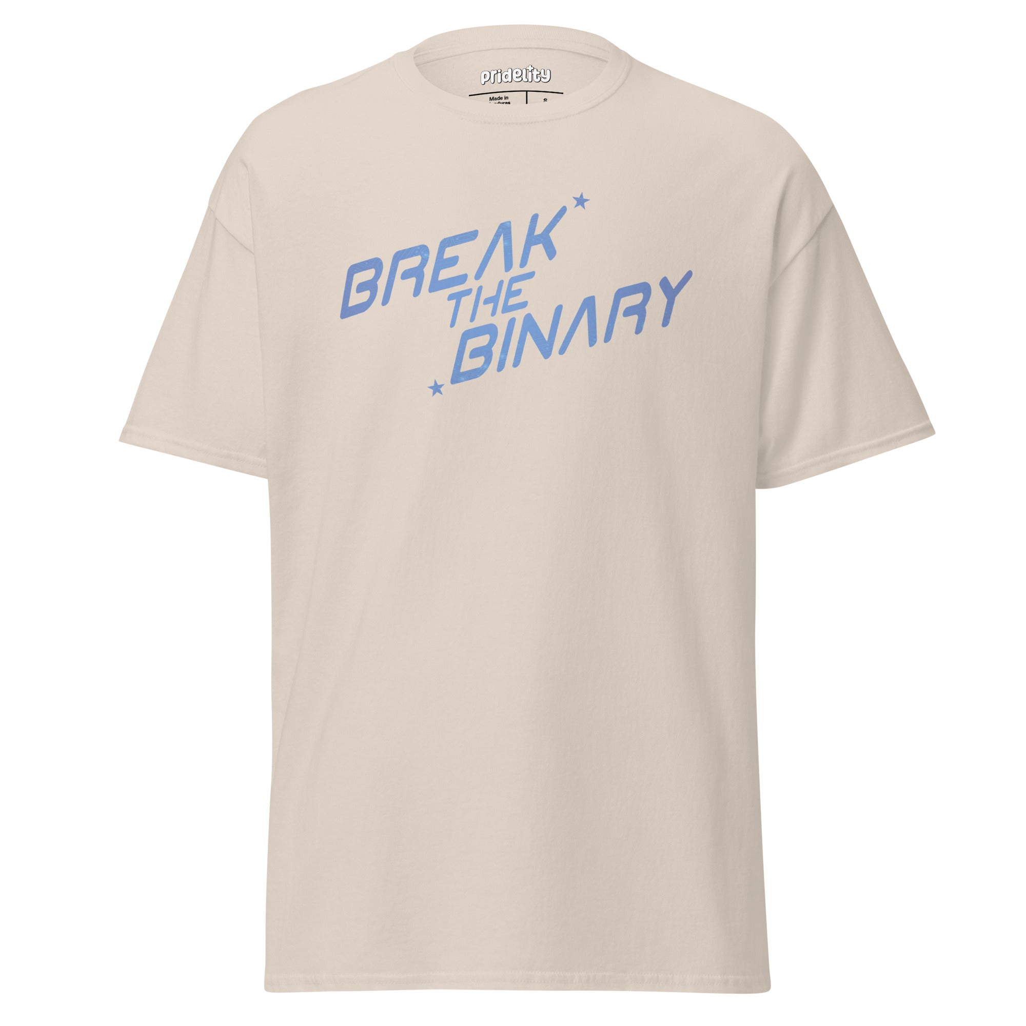 The Break The Binary T-Shirt by Pridelity, part of our Pride Collection, showcases the phrase 