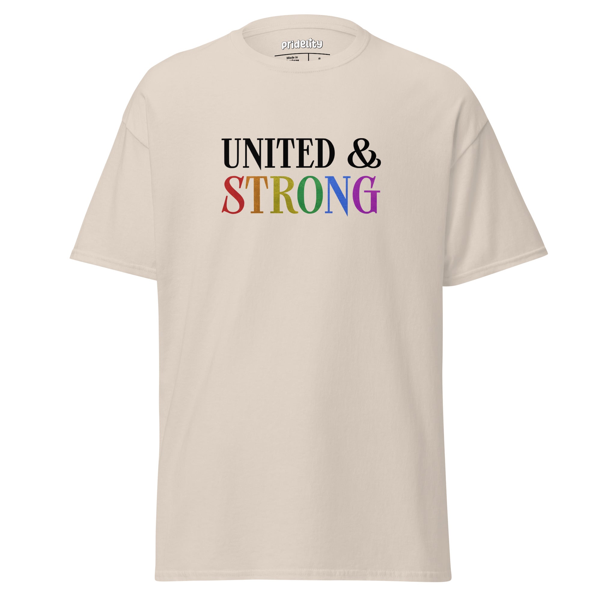 A white United & Strong T-Shirt by Pridelity features the phrase 