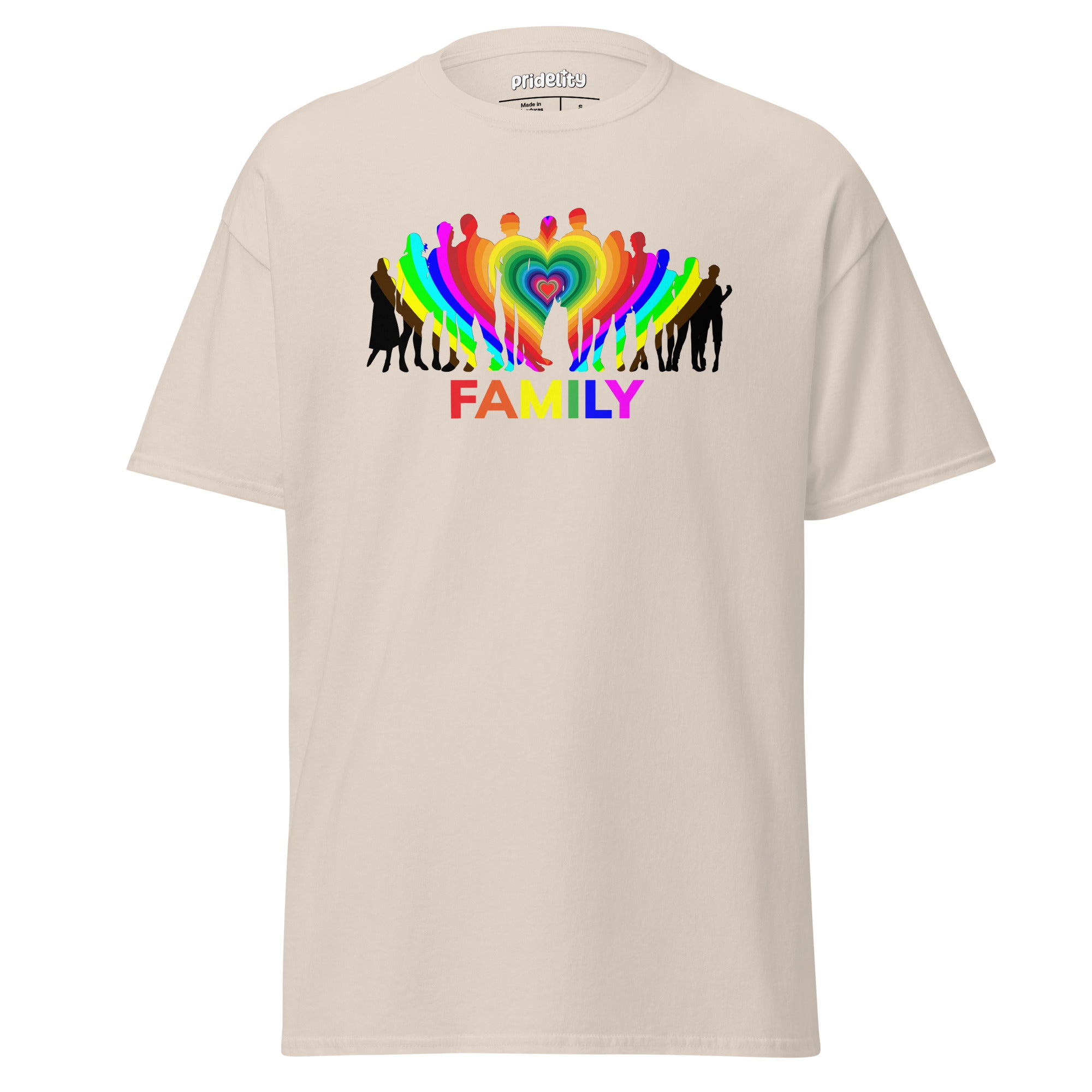 A natural-colored Family T-Shirt from Pridelity's pride collection features a striking rainbow silhouette of a family with a heart at the center. The word 