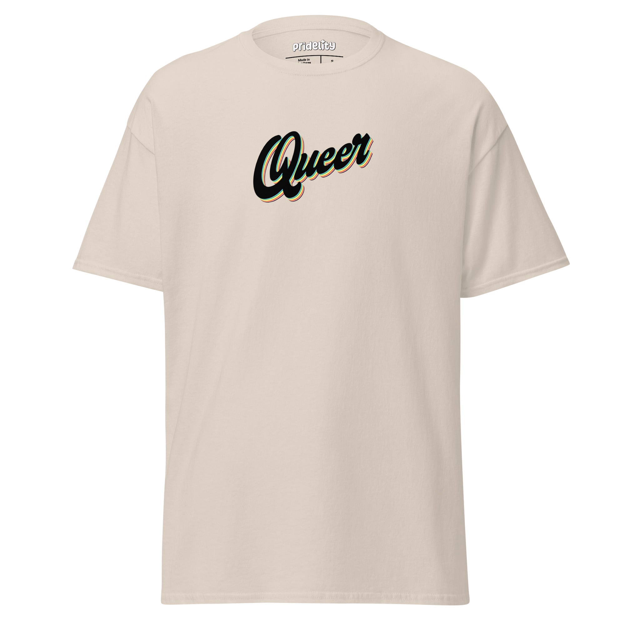 Introducing the Queer T-Shirt by Pridelity, a white pride top that prominently displays the word 