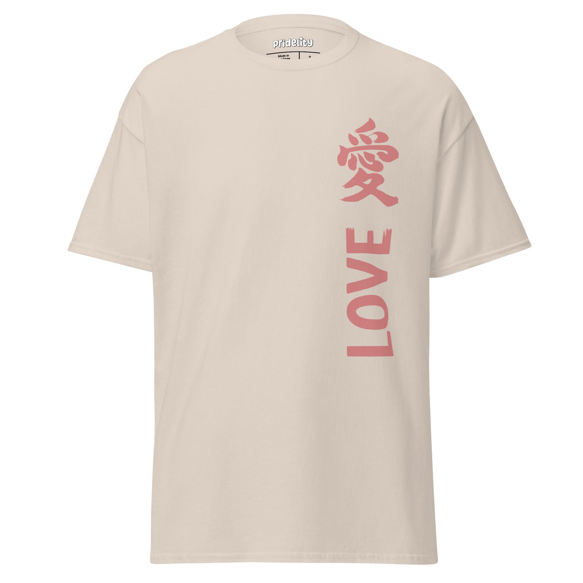 The Pridelity Love Kanji T-Shirt in cardinal features the word 