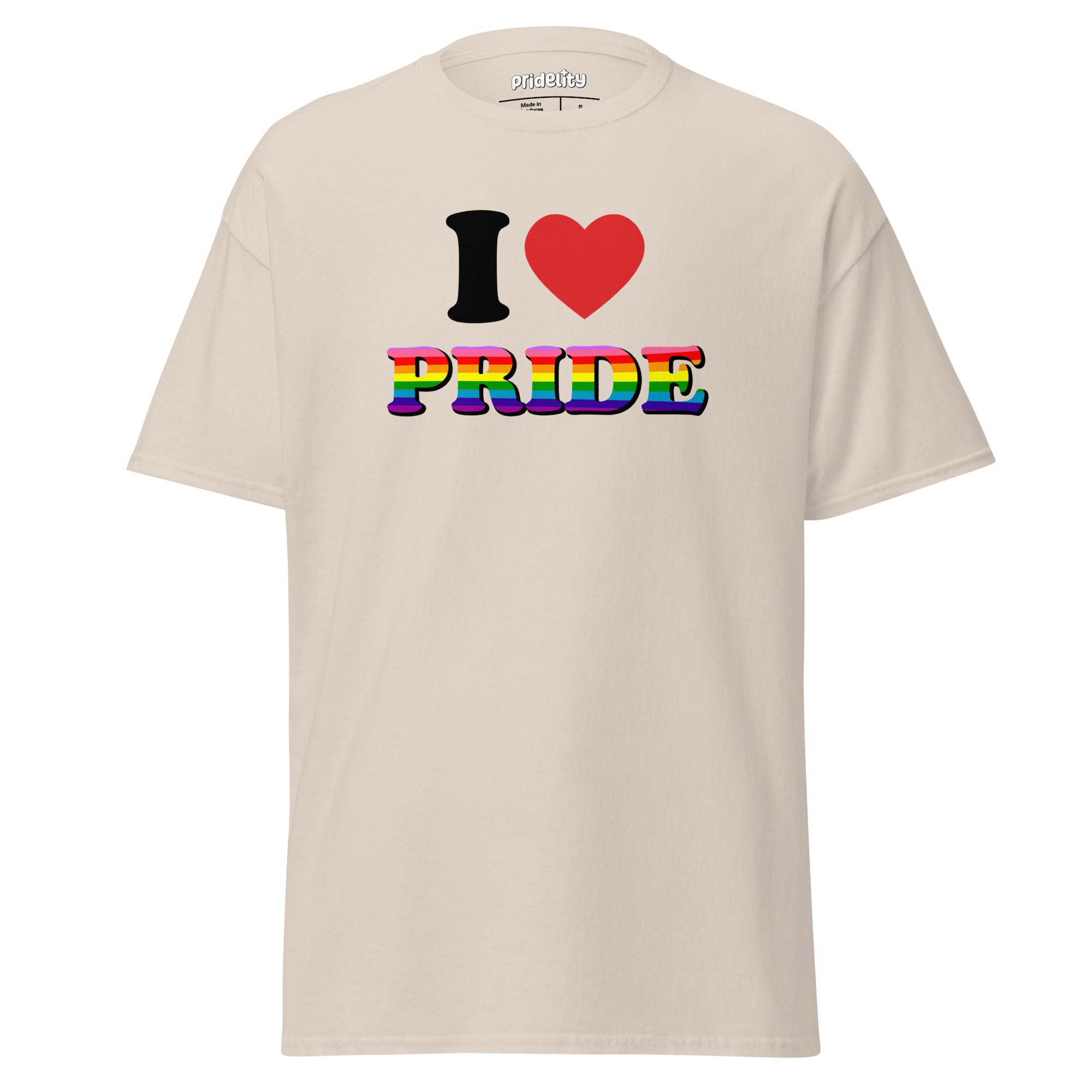 Introducing the I Love Pride T-Shirt from Pridelity: This white T-shirt showcases 