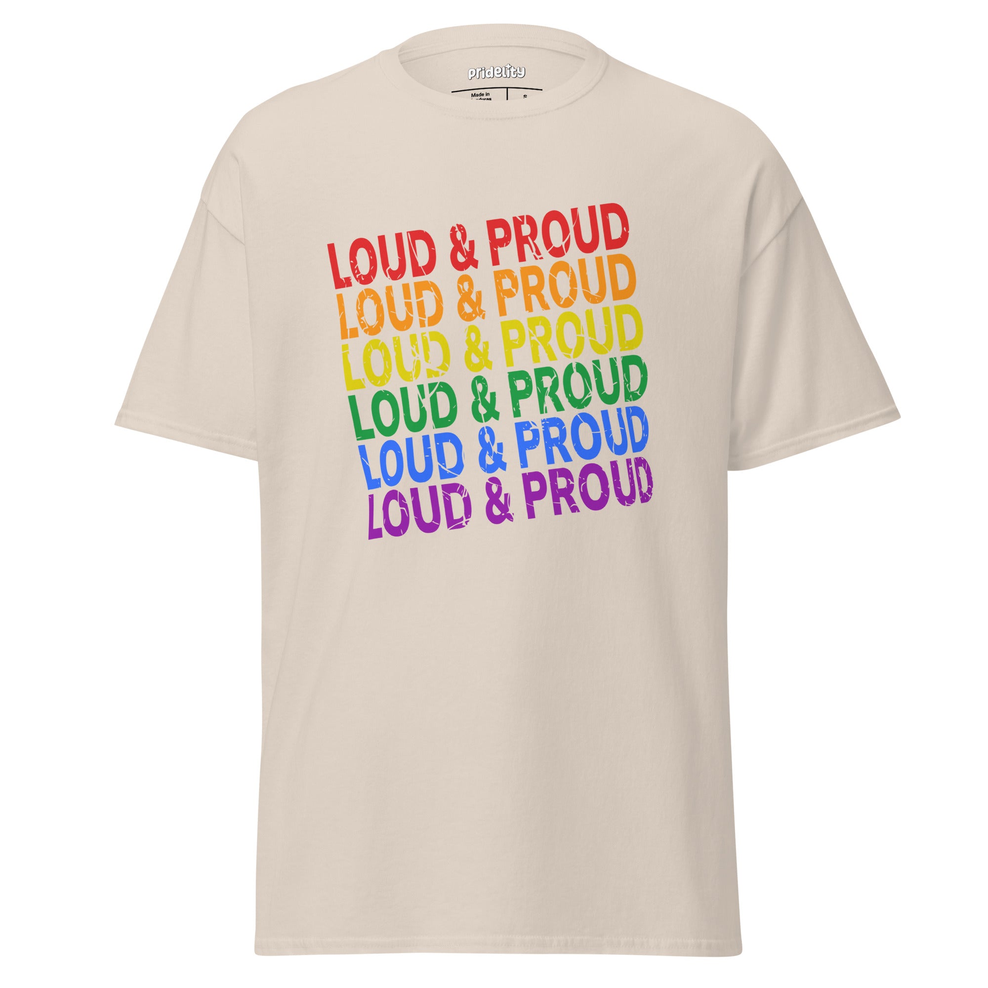 Introducing the Pridelity Loud & Proud T-Shirt: a striking black tee adorned with the 