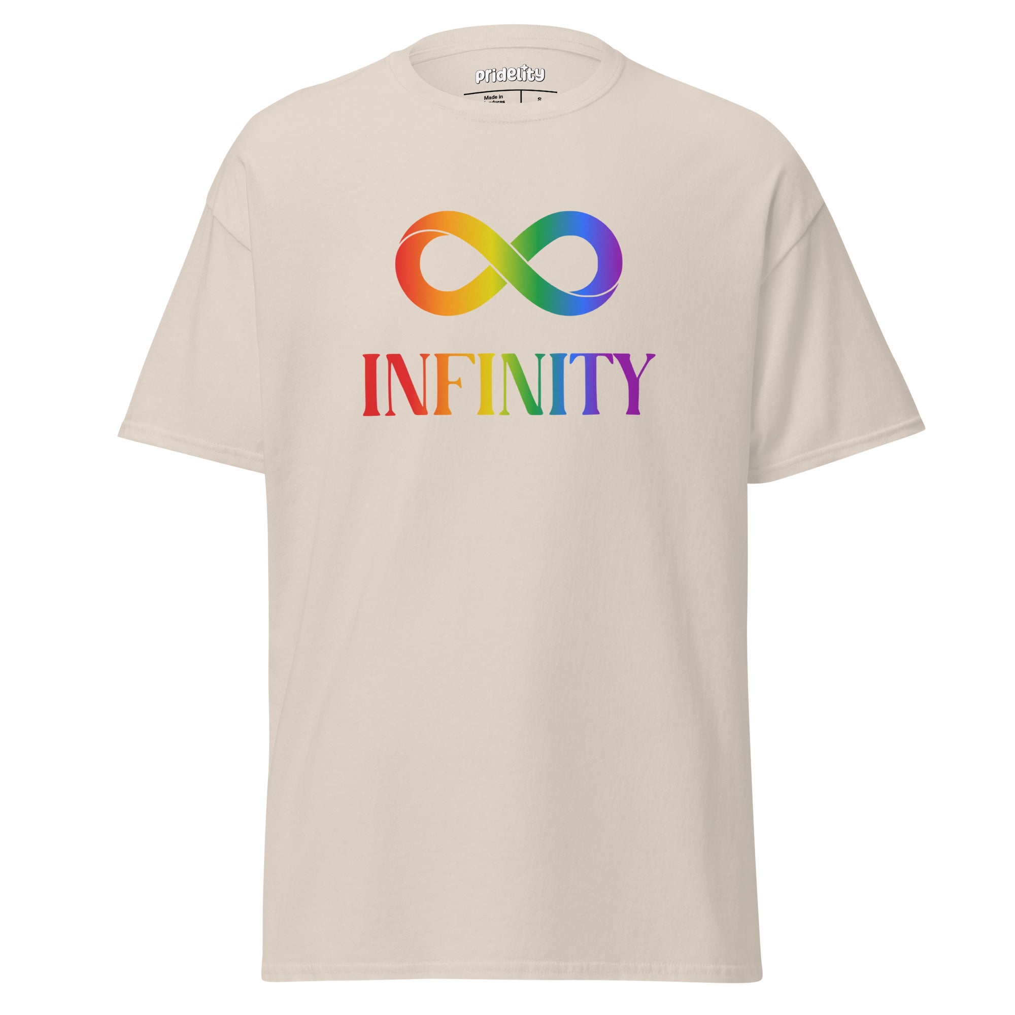 A Pridelity Infinity T-Shirt featuring a white design with a rainbow infinity symbol above the word 