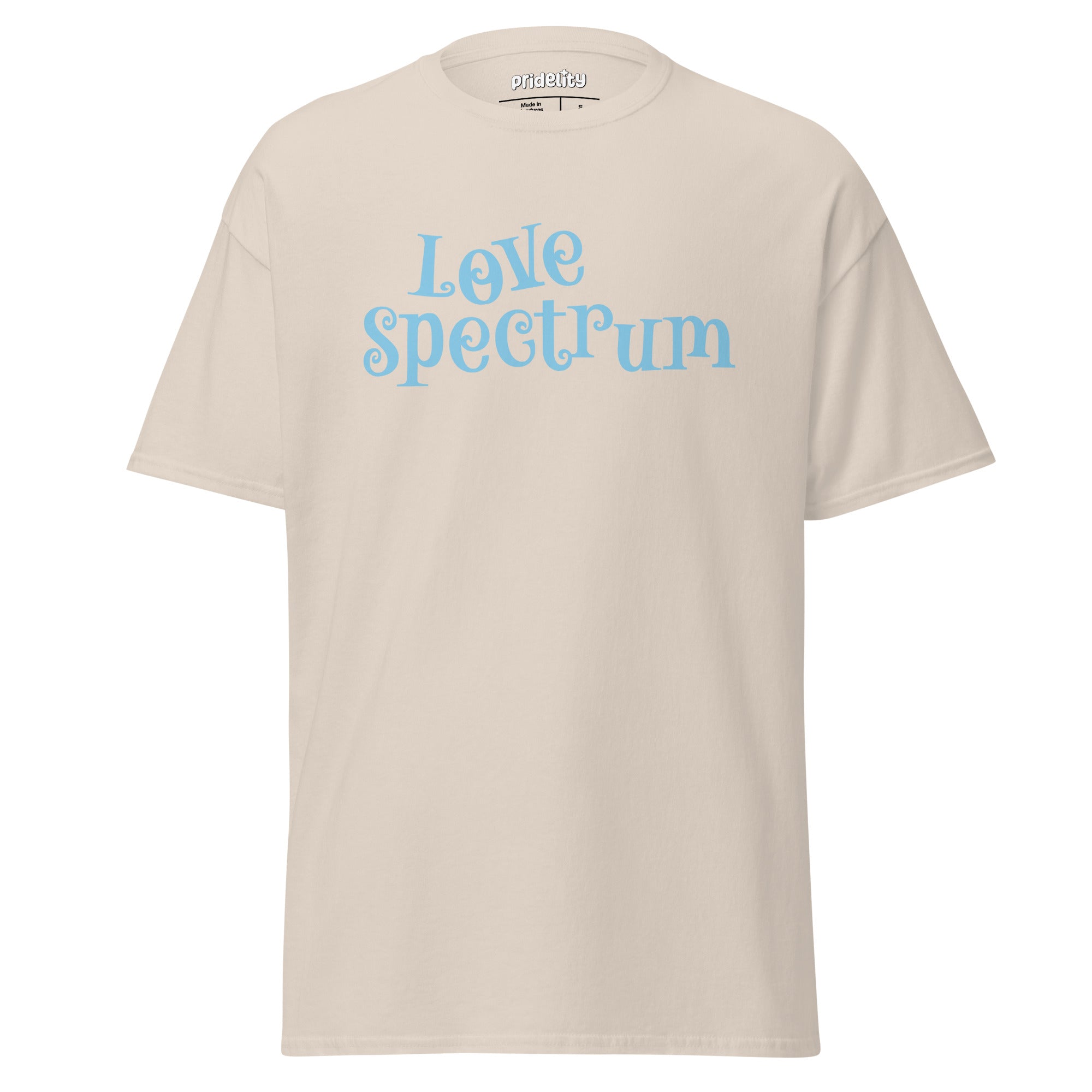 Introducing the Love Spectrum T-Shirt by Pridelity: This delightful white shirt features light blue text whimsically spelling out 