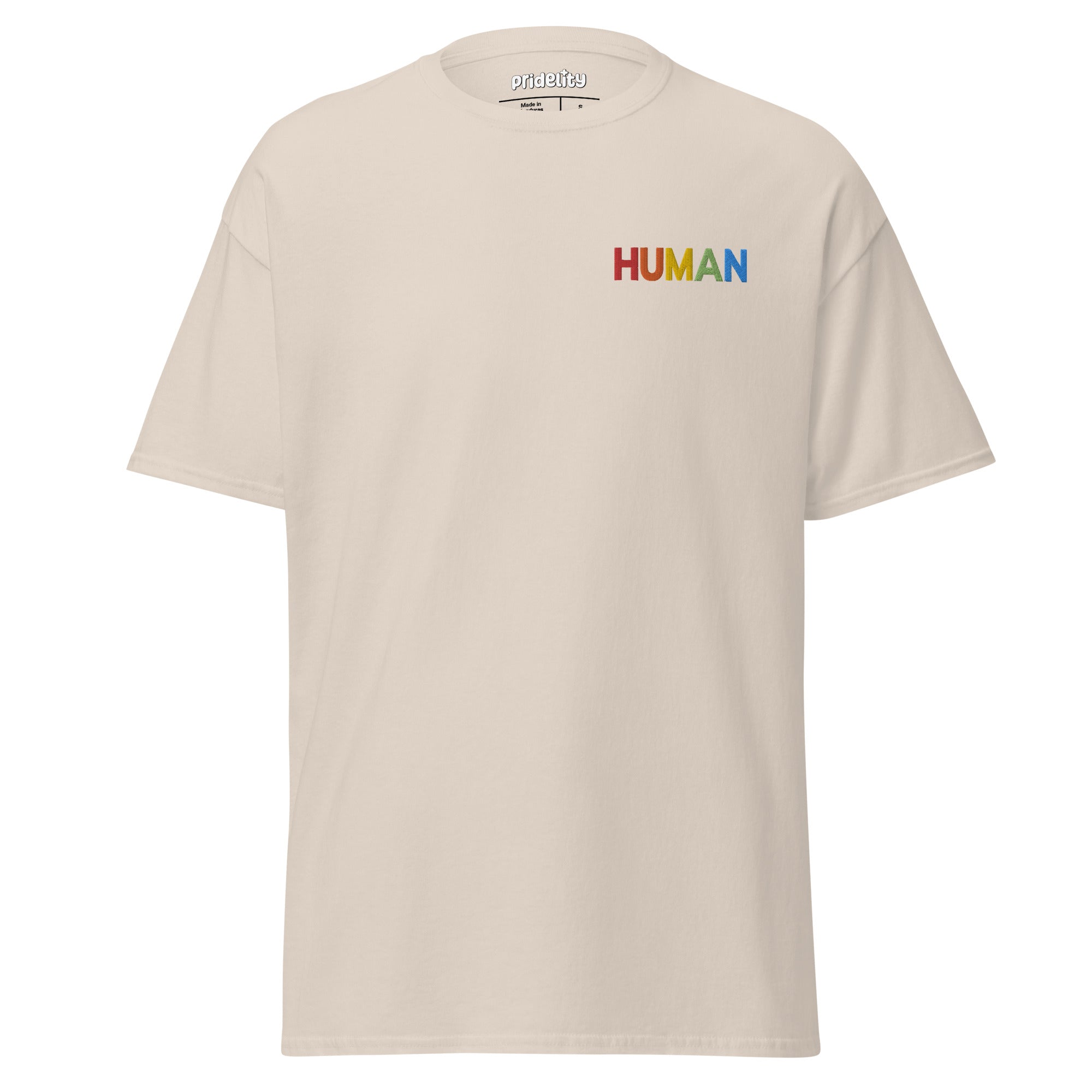 A natural-colored Pridelity Human T-Shirt, adorned with the word 