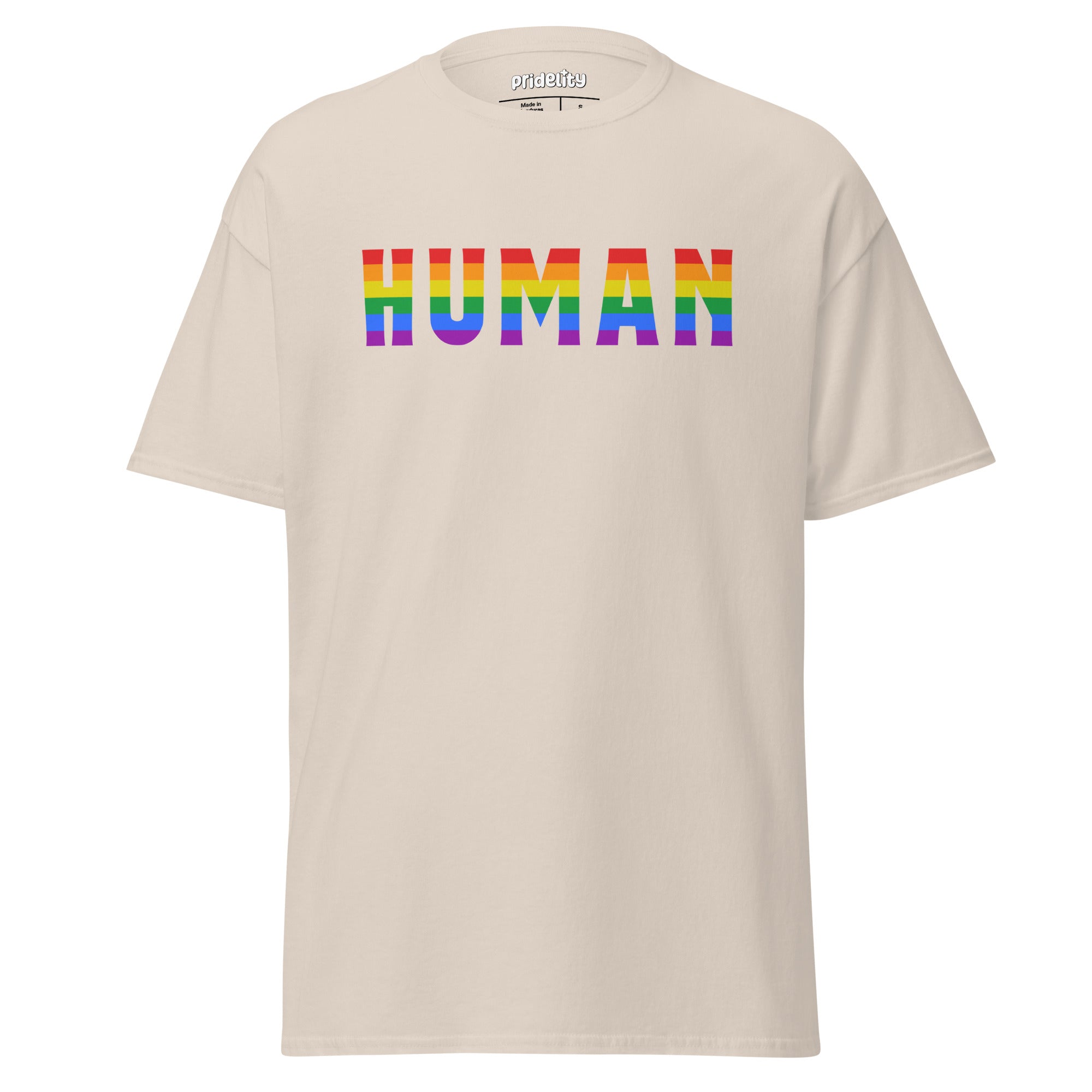 Introducing the Human T-Shirt by Pridelity: a stylish black tee featuring the word 