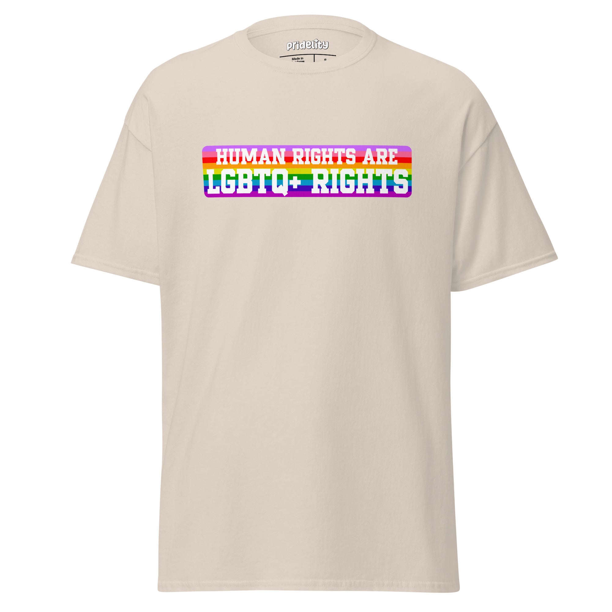 Introducing the LGBTQ+ Rights T-Shirt from Pridelity: This pride shirt features a white t-shirt with a vibrant, colorful rectangle centered on the chest, showcasing the bold, rainbow-colored text 