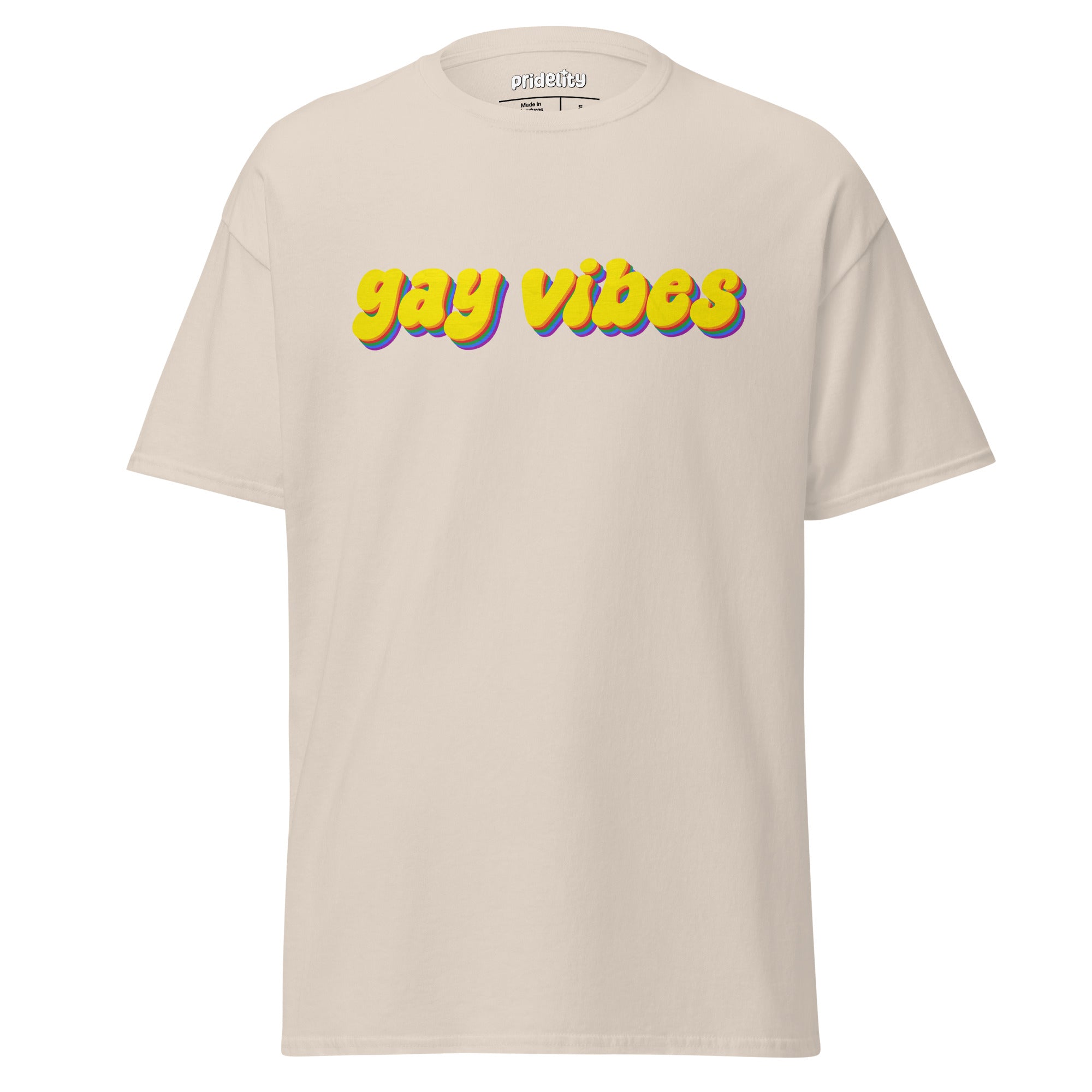 A gold Gay Vibes T-Shirt, crafted by Pridelity, features the bold and colorful 