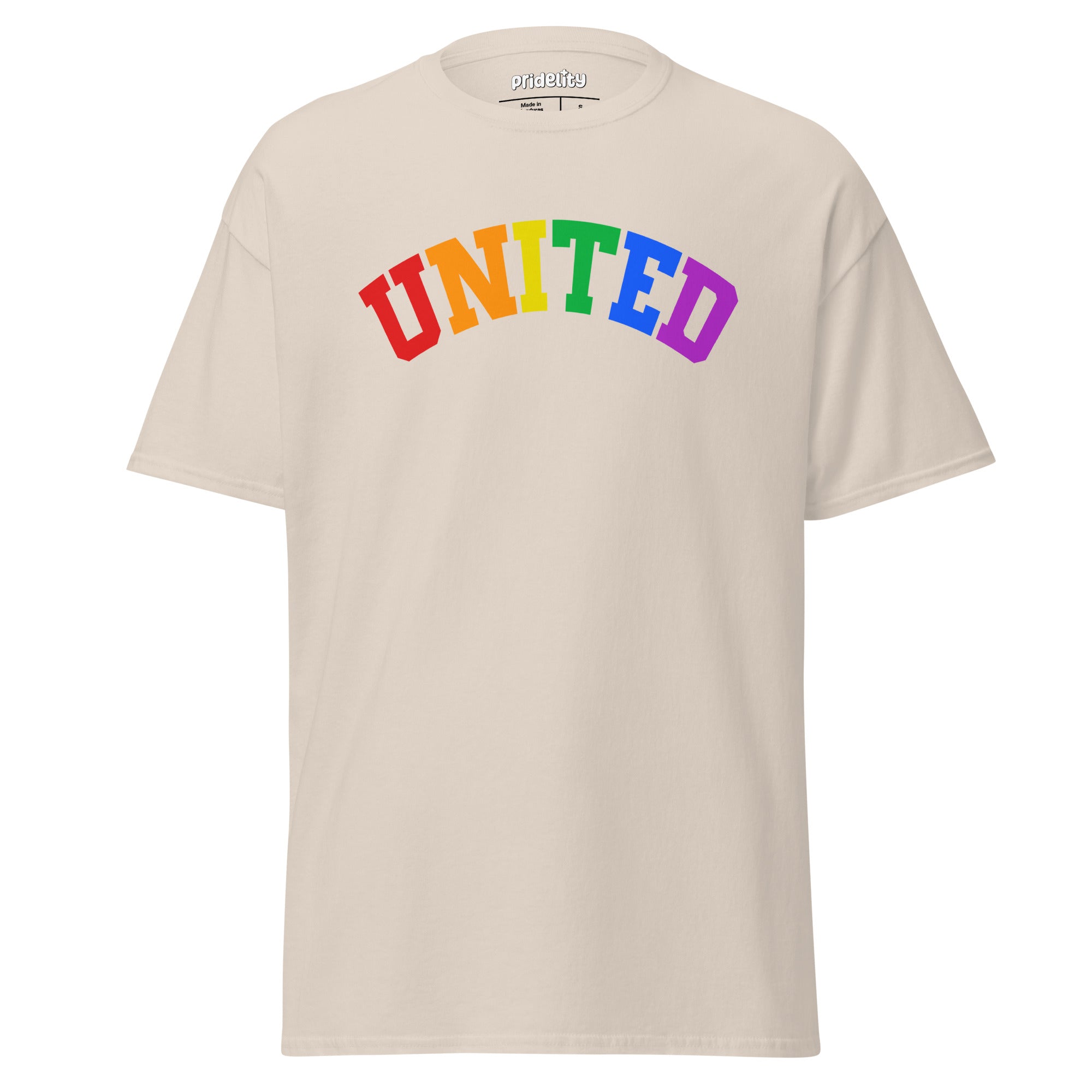 The Pridelity United T-Shirt showcases the word 