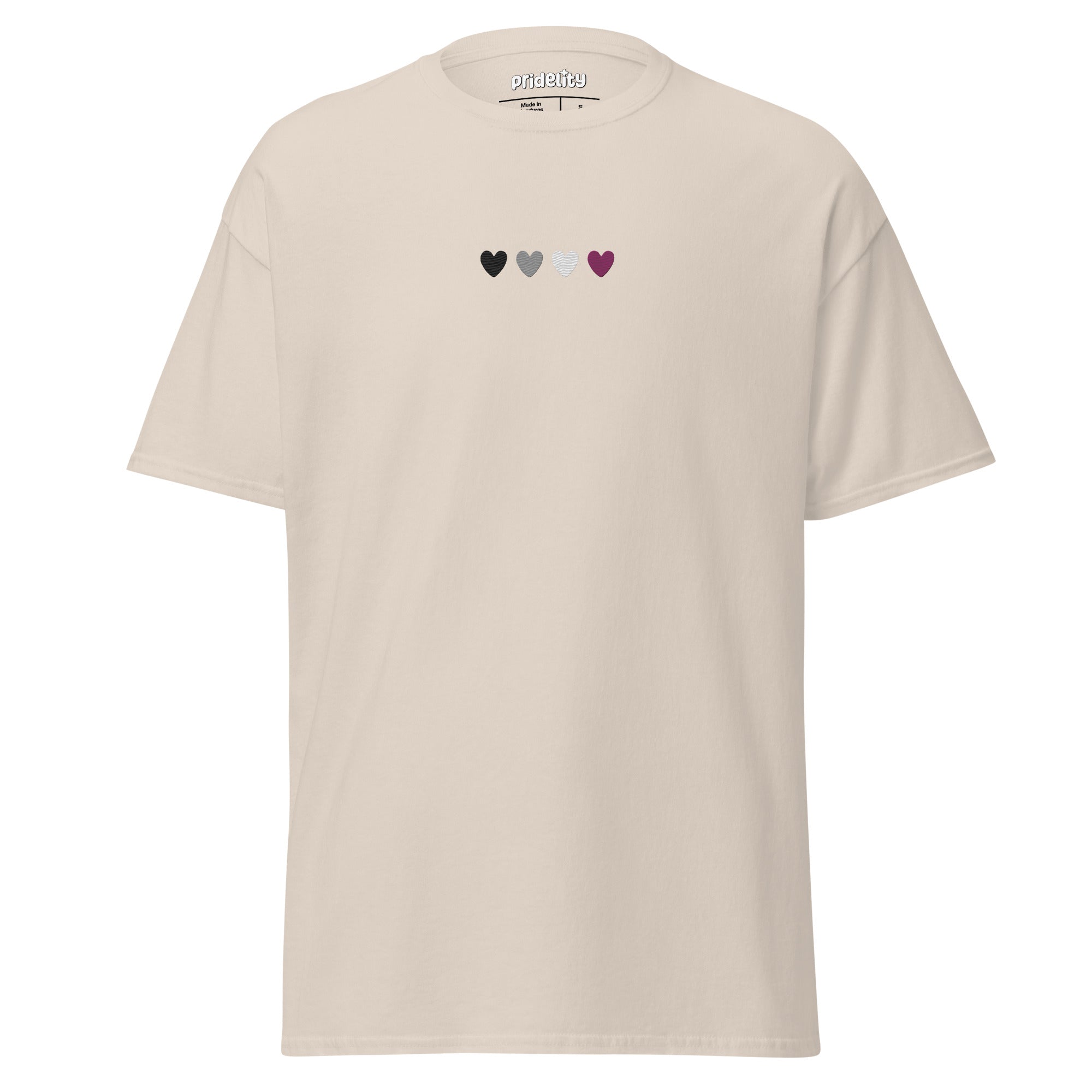 The Asexual Love T-Shirt by Pridelity is a maroon t-shirt adorned with five small hearts across the chest in shades of green, gray, and purple. It is perfect for any Pride Collection, with 