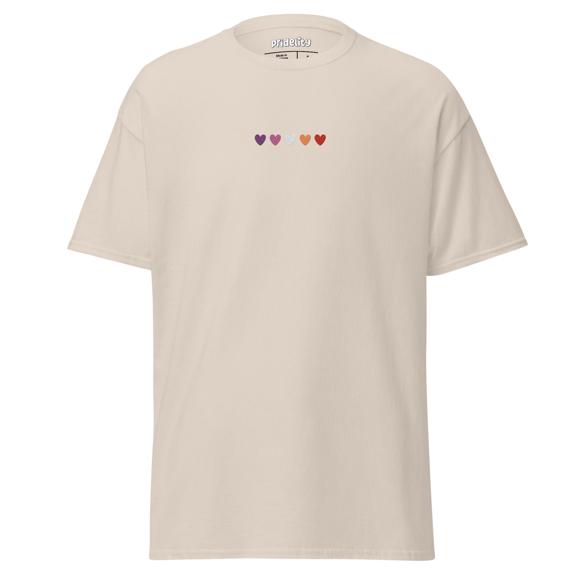 A maroon t-shirt called the Lesbian Love T-Shirt features six small hearts across the chest, each in different colors: purple, blue, teal, green, orange, and yellow. The brand name 