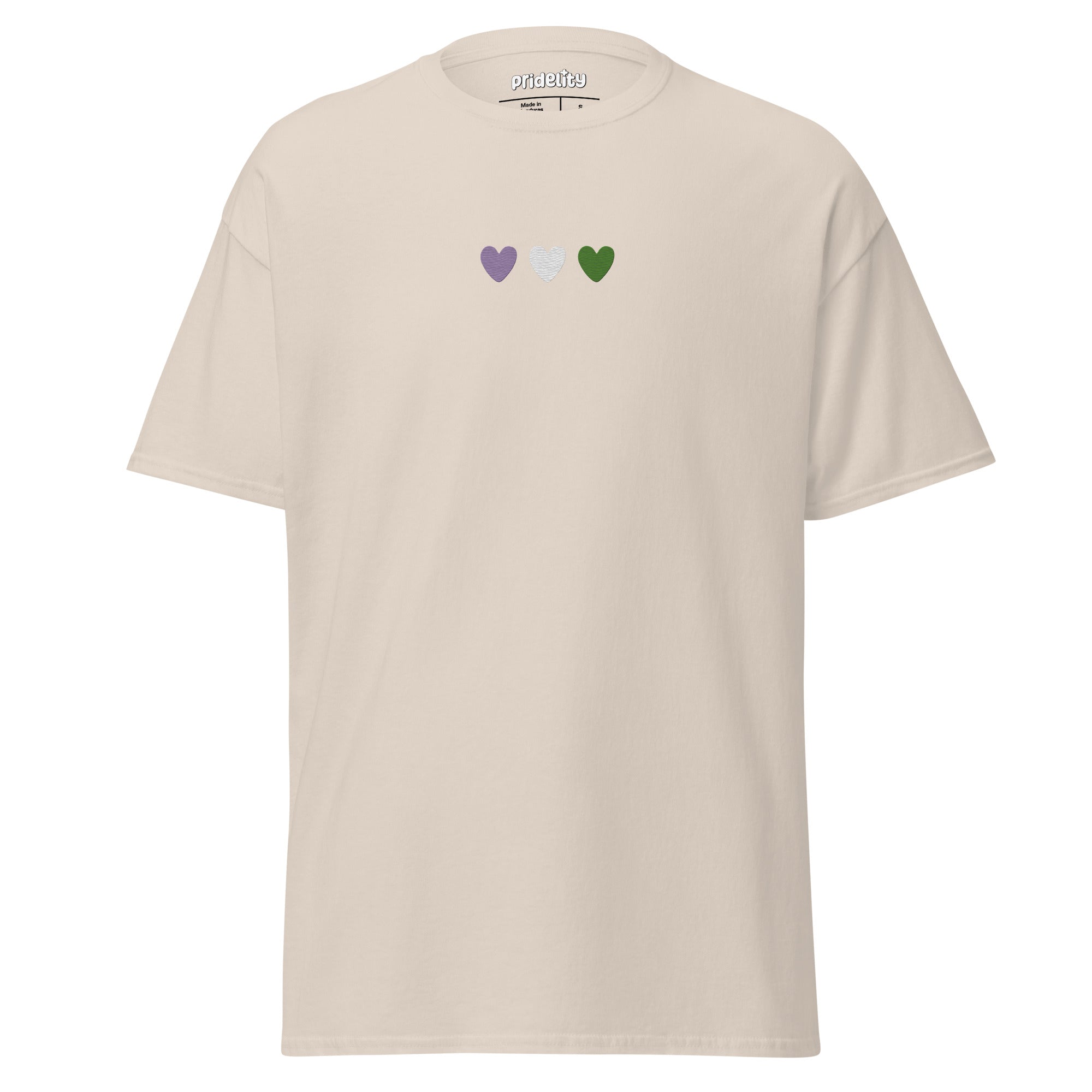 A black Genderqueer Love T-Shirt from Pridelity, featuring three small hearts across the chest in lavender, white, and green.